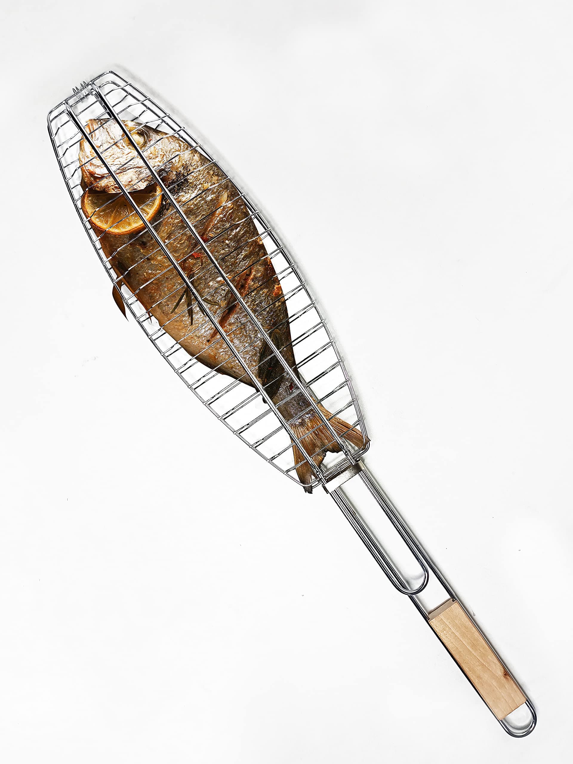 iBELL CB-17A Stainless Steel BBQ Fish Grill Net Basket | Portable Barbecue Grilling Tray with Wooden Handle | Folding Clip Design for Grilling Fish, Meat & Veggies – Silver