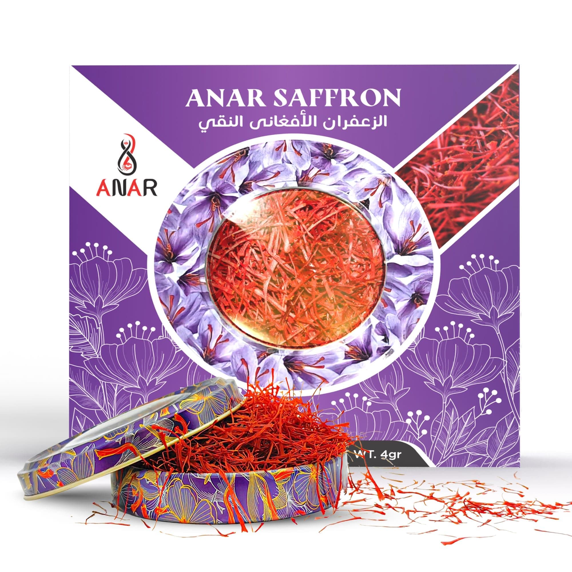 ANAR Saffron 4g, Afghan Super Negin-Grade #1, Premium Quality All-Red Threads, Rich Aroma, Fresh Harvest, Handpicked by specialist, Naturally Grown in Afghanistan | Best for tea, milk, cheese, rice, meal, paella and more others | Pack of 1