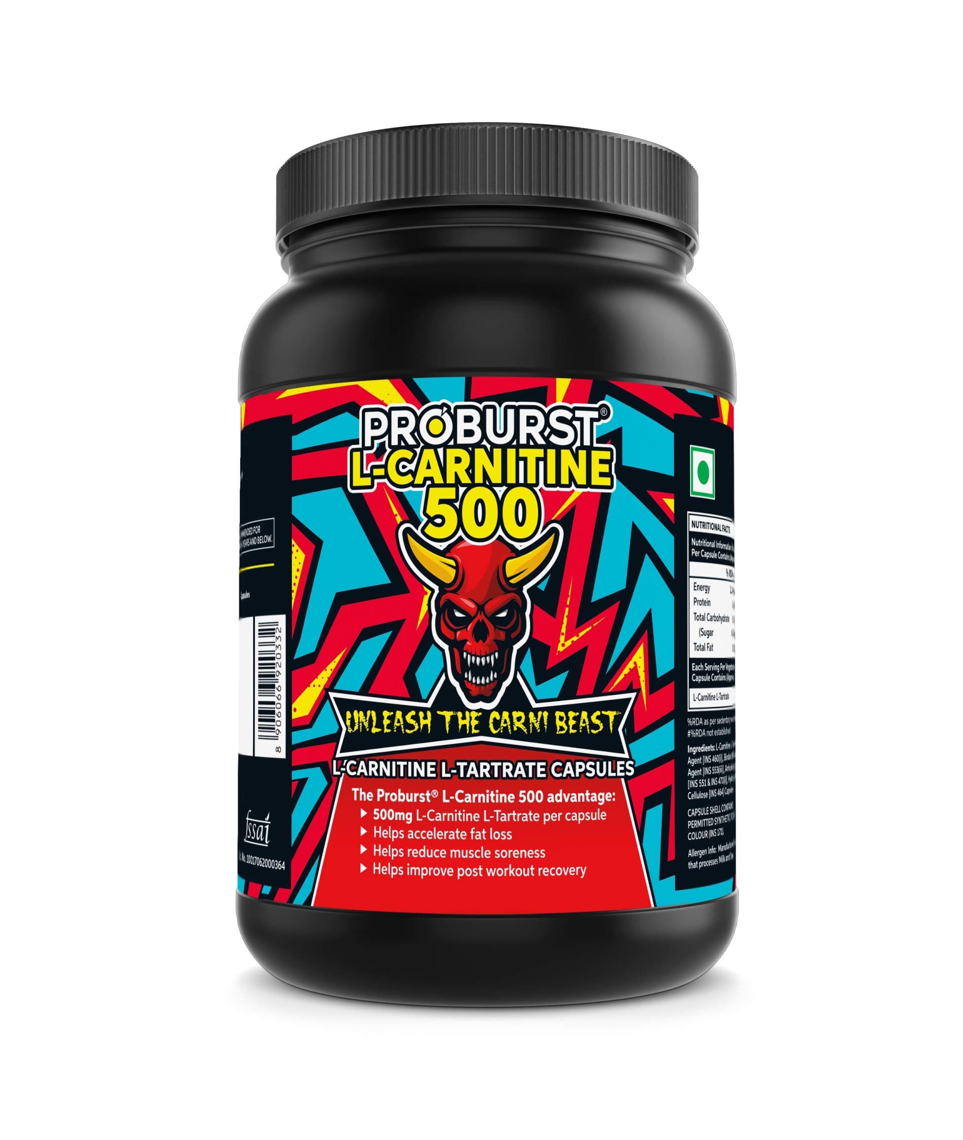 Proburst L-Carnitine L-Tartrate 500 mg Capsules for Men & Women | Pre Workout | Muscle Recovery | Memory & Focus - 90 Capsules