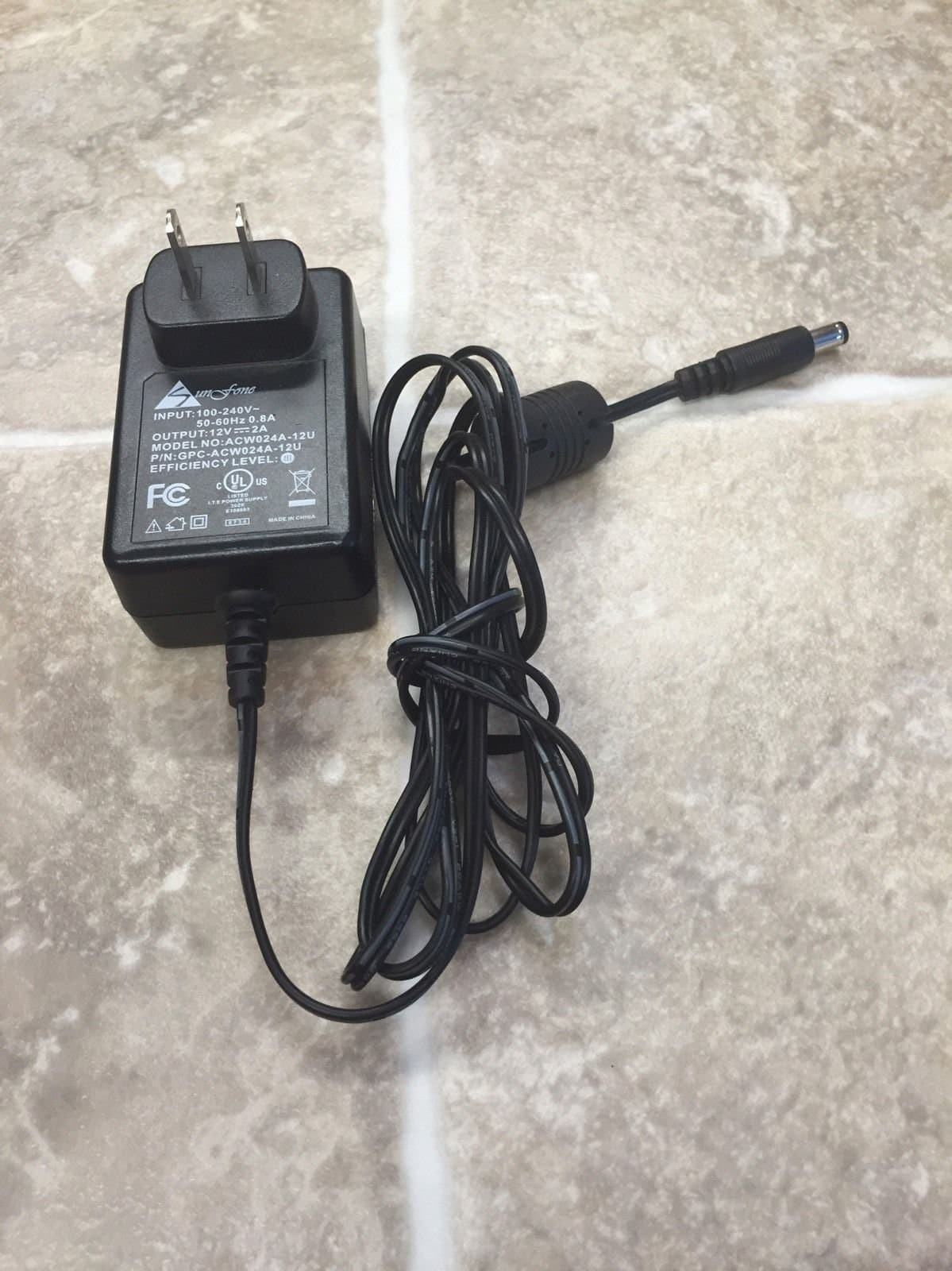 Genuine Sunfone ACW024A-12U AC Adapter P/N:GPC-ACW024A-12U thick round barrel as pictured