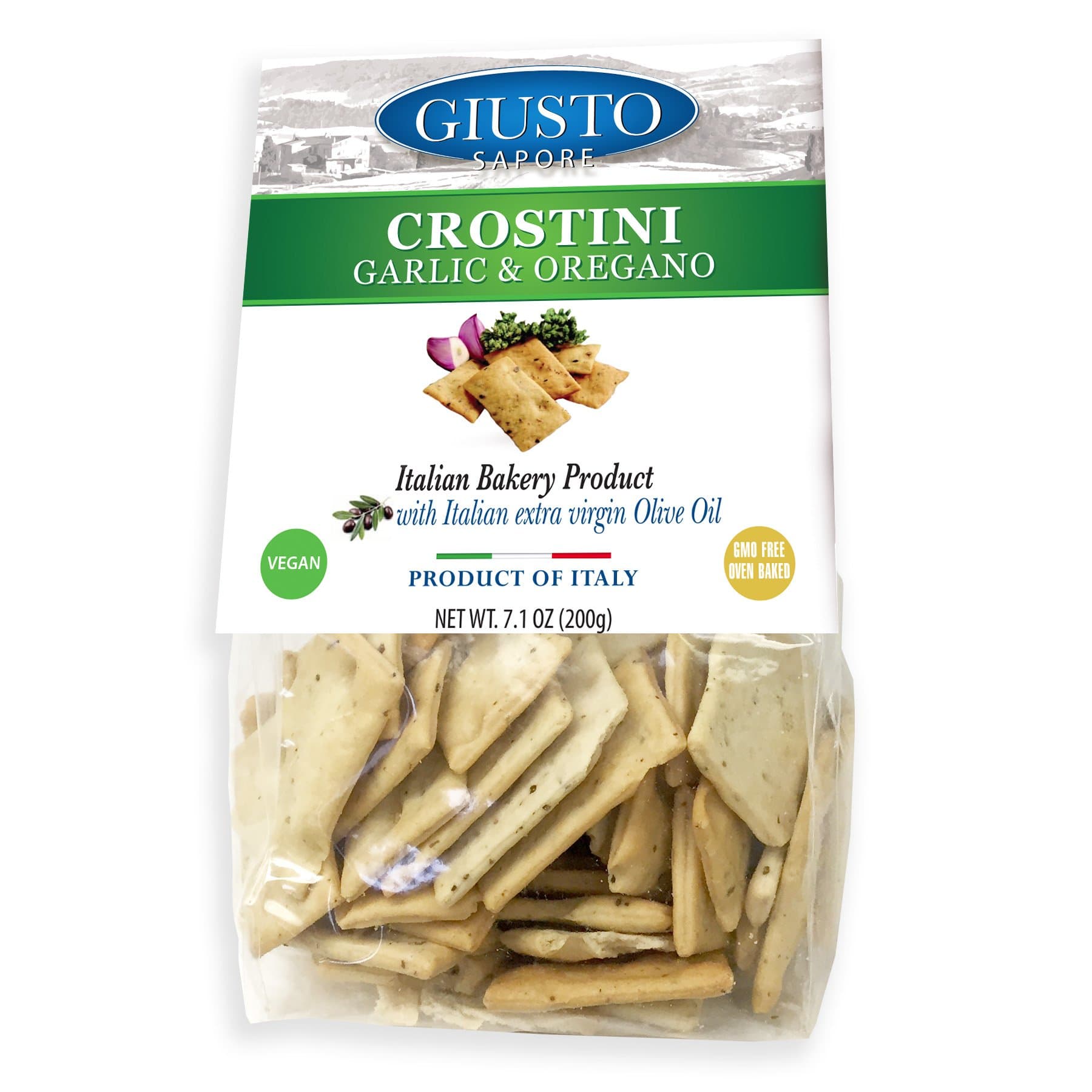 Giusto Sapore Garlic & Oregano Crostini Crackers 7.1oz. with Italian Extra Virgin Oil - Premium Gourmet Vegan GMO Free - Imported from Italy and Family Owned - Great with Sauces and Basil