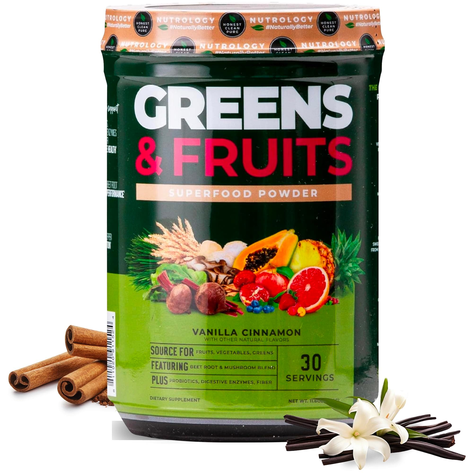 Greens & Fruits-Naturally Sourced Fruits, Vegetables, Greens, Beet Powder & Mushroom Blend - Probiotics, Digestive Enzymes, Fiber, Antioxidants, Immune Support - Vanilla Cinnamon-30 Servings