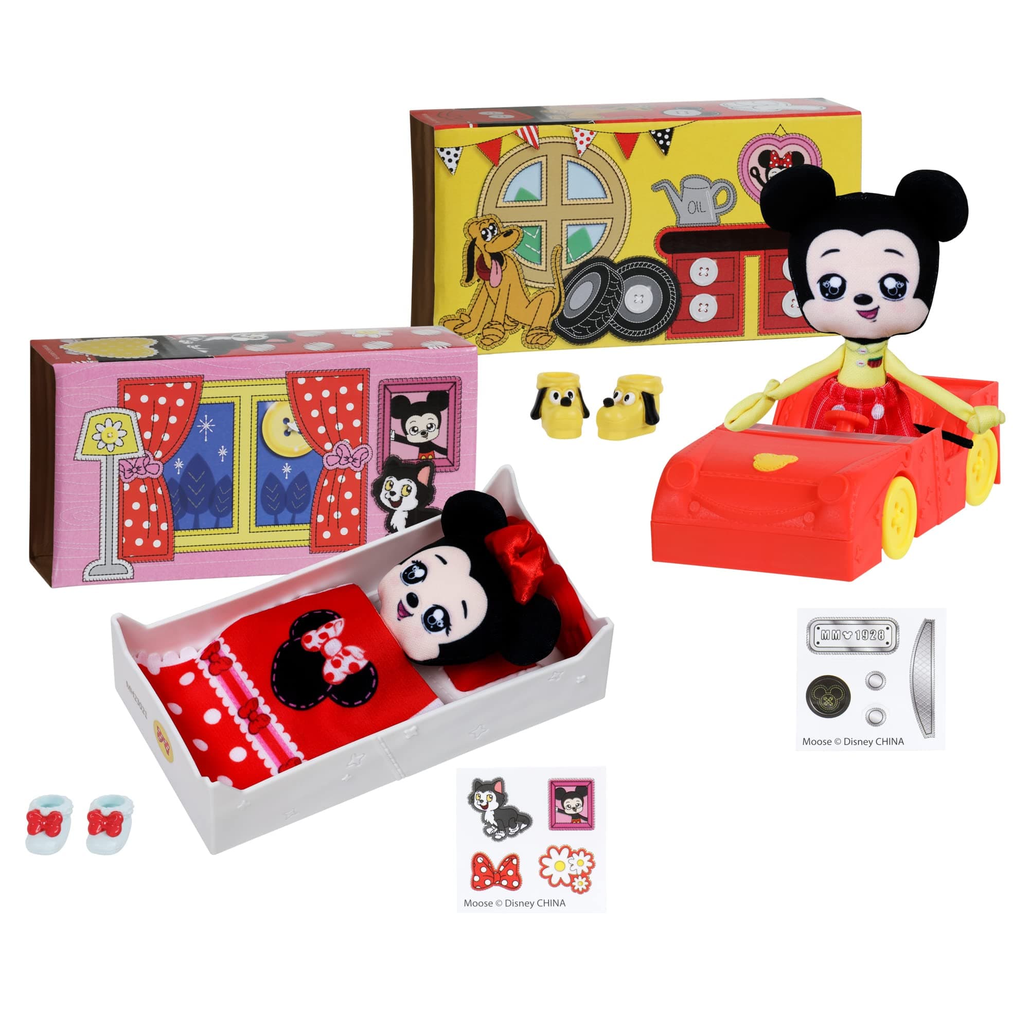 Sweet Seams 6" Soft Rag Doll Amazon Exclusive Bundle Pack – 2pc Toy | Classic Minnie Mouse Doll and Bedtime Playset Plus Classic Mickey Mouse and Car Playset