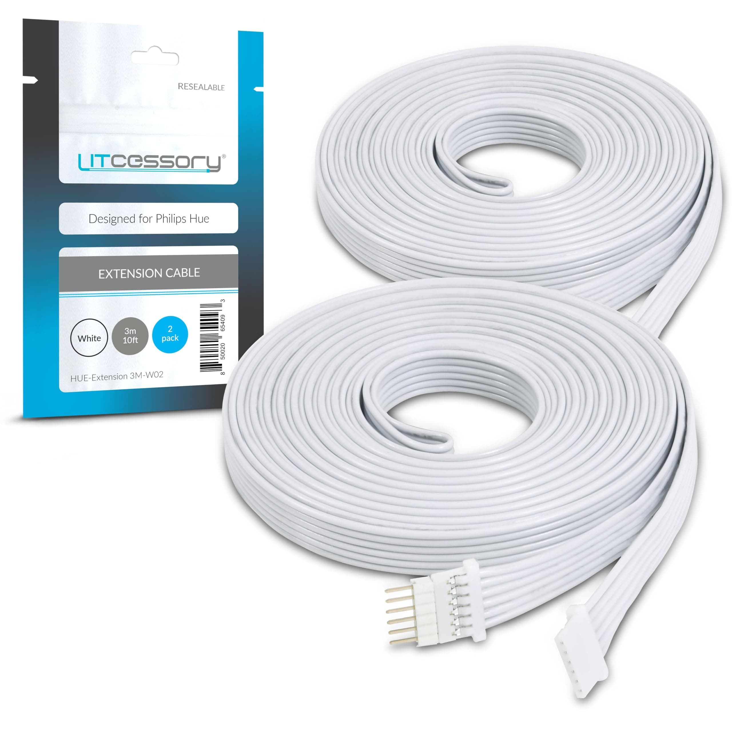 Litcessory Extension Cable for Philips Hue/Solo Lightstrip (10ft, 2 Pack, White - Micro 6-PIN V4 / Solo Lightstrip)