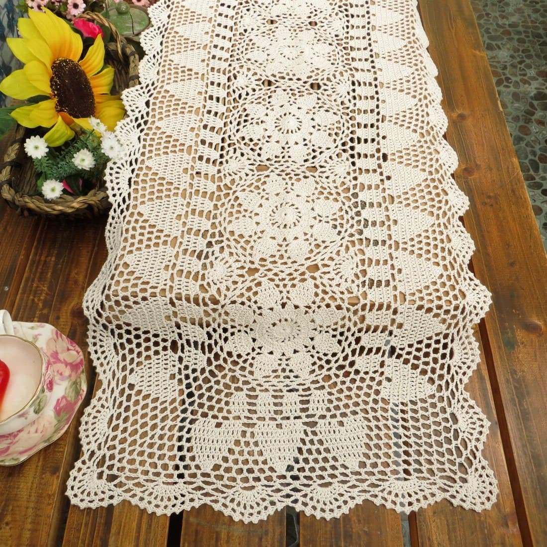 kilofly Handmade Crochet Lace Rectangular Table Runner 15 x 51 Inch, White
