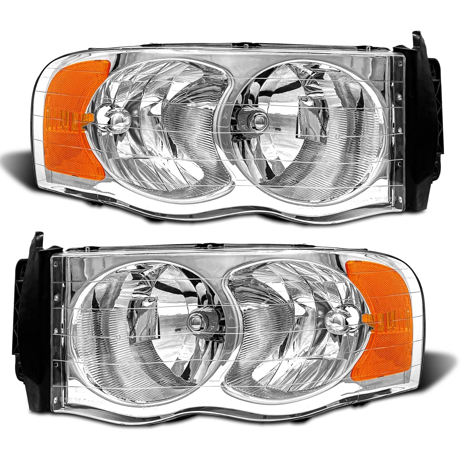 Headlight Assembly Compatible with 2002-2005 Dodge Ram 1500/03-05 Ram 2500 3500 Chrome Housing with Amber Reflector Clear Lens Headlamp Replacement Left and Right（W/O Bulbs）