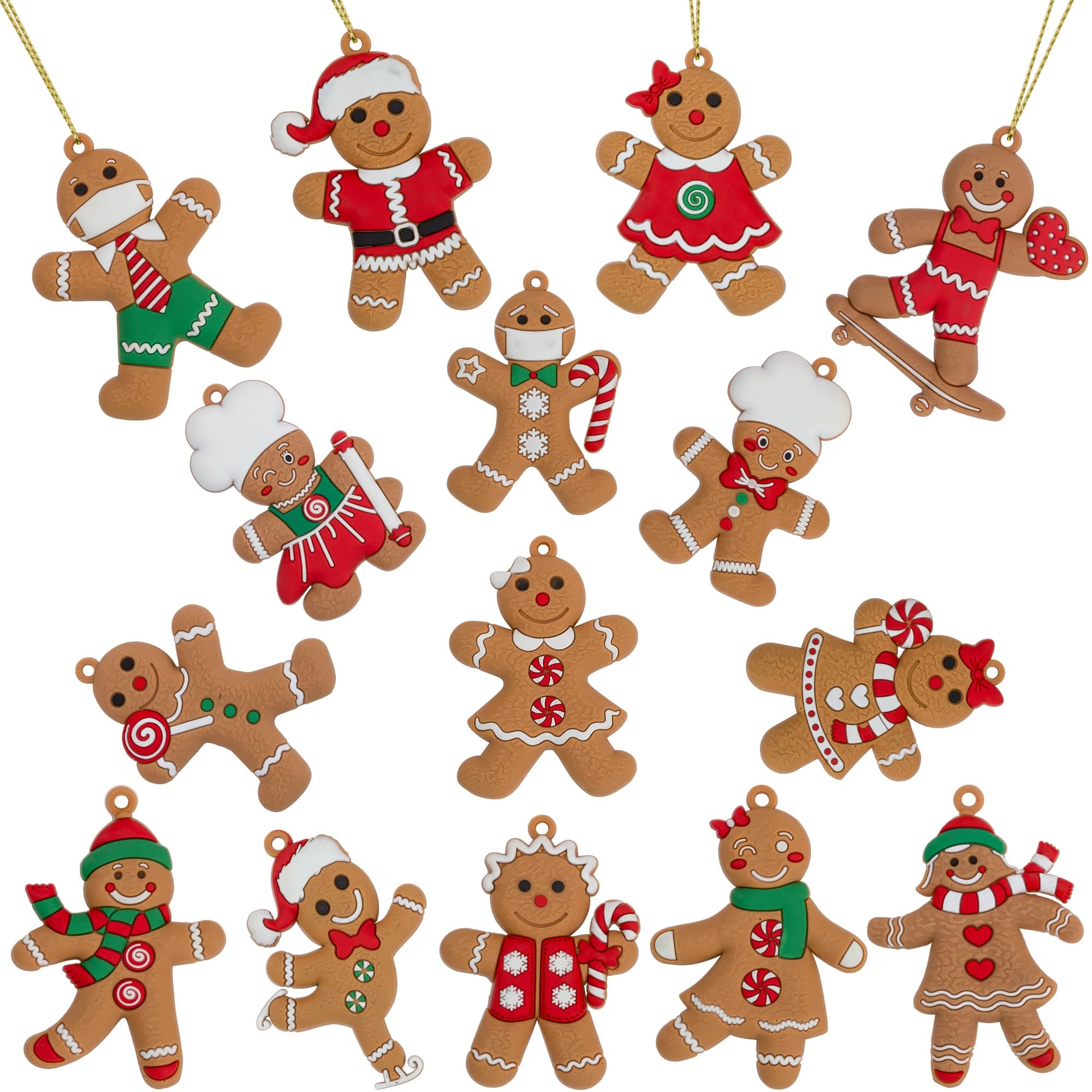 15-Pack Gingerbread Man Christmas Decorations – Adorable Assorted Hanging Gingerbread Ornaments, Traditional Xmas Tree Decorations for Home, Party & Festive Décor