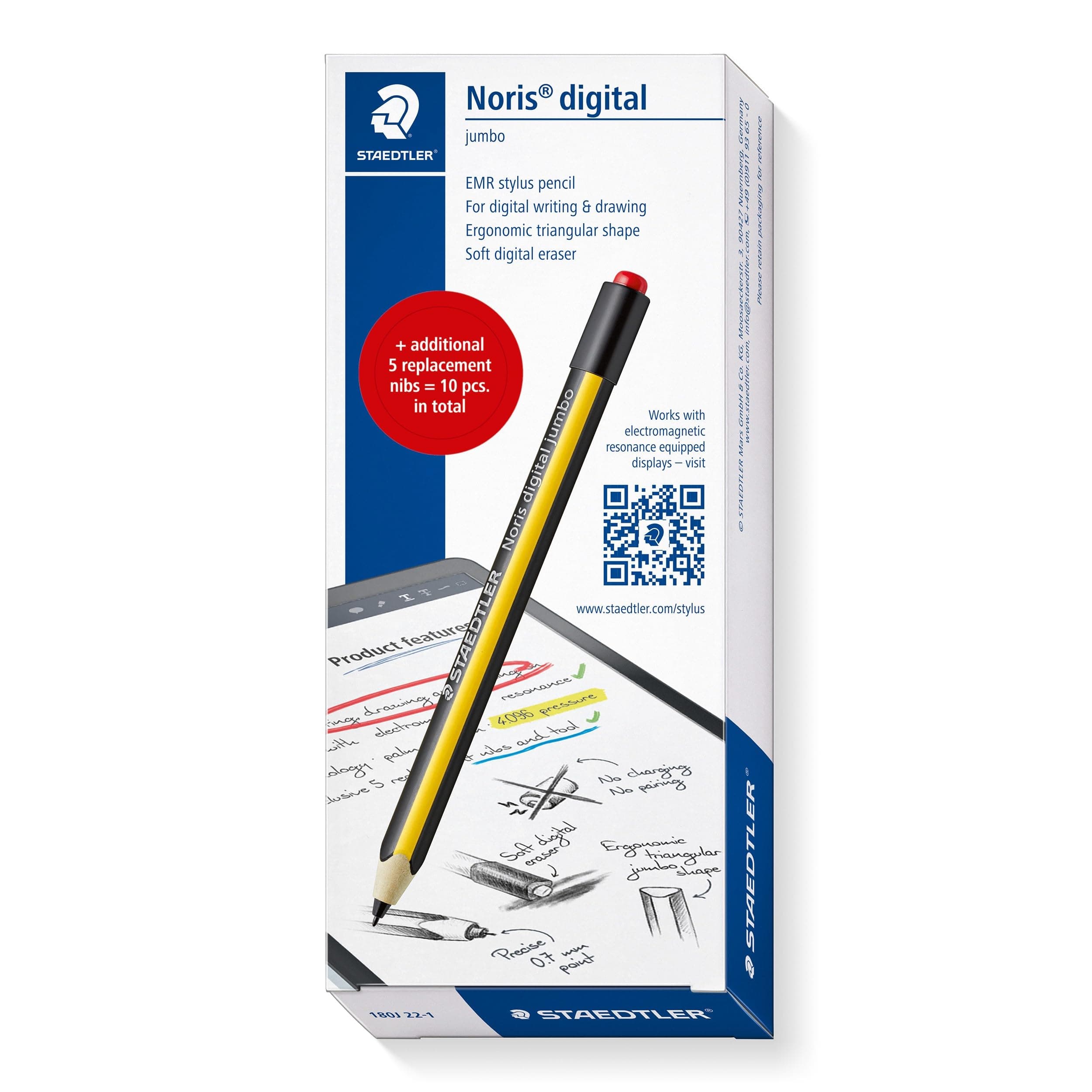 STAEDTLER Noris Digital Jumbo 180J 22 EMR Stylus Set, 1 Stylus With Eraser for Writing, Drawing and Erasing on EMR Touch Screens + 5 Replacement Tips, 180J 22-1X