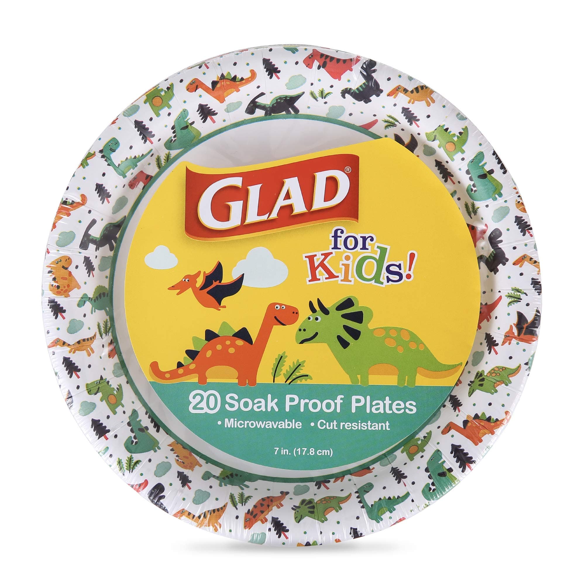 Glad for Kids Dinosaur Disposable Paper Plates, Heavy Duty Soak Proof Microwave Safe Kids Plates for Snacks, Meals, and Parties, Fun Dino Design, Party Pack, 7 Inch, 20 Count