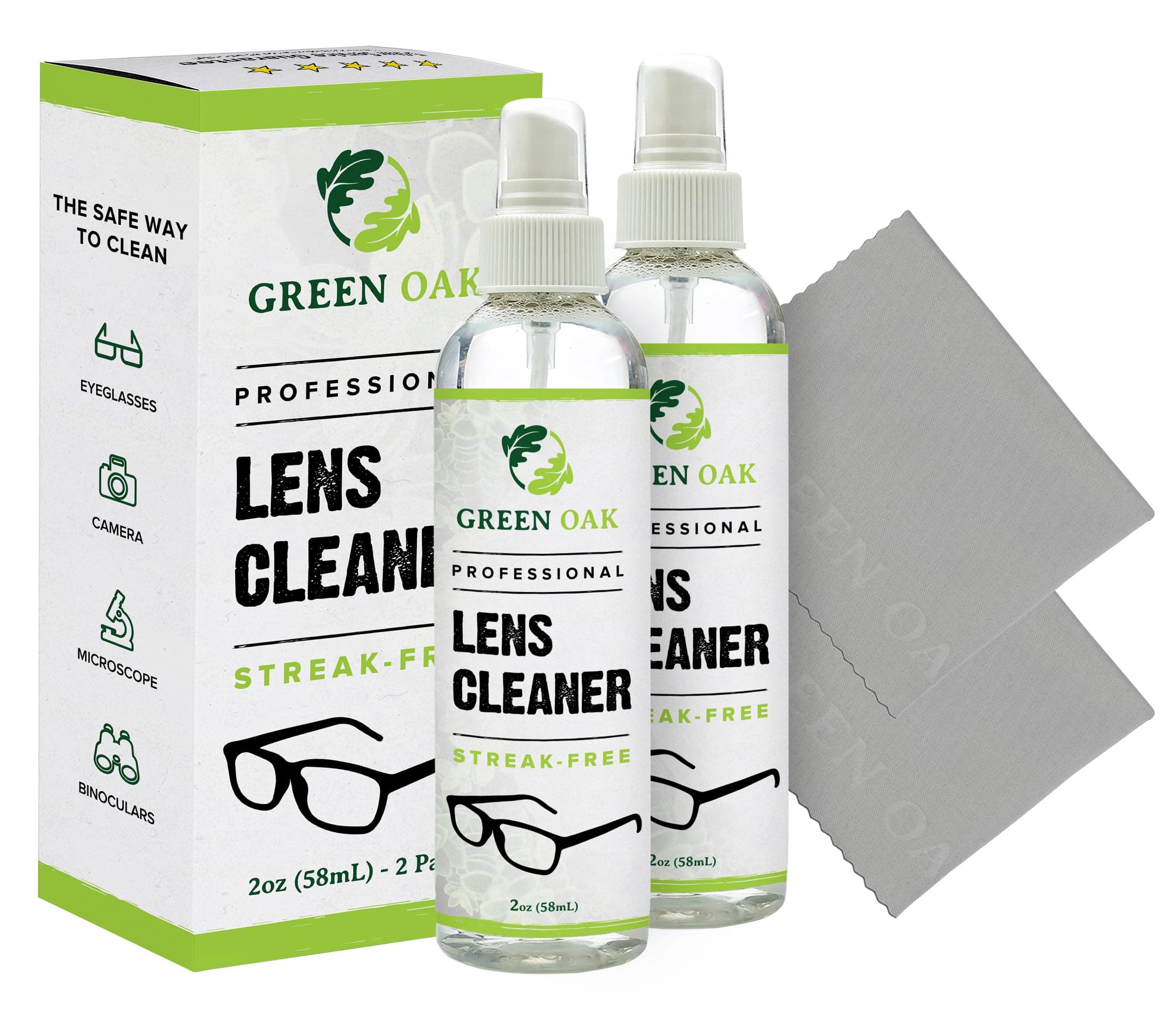 Lens Cleaner Spray Kit – Green Oak Professional Lens Cleaner Spray with Microfiber Cloths – Best for Eyeglasses, Cameras, and Lenses - Safely Cleans Fingerprints, Dust, Oil (2oz Travel Pack)