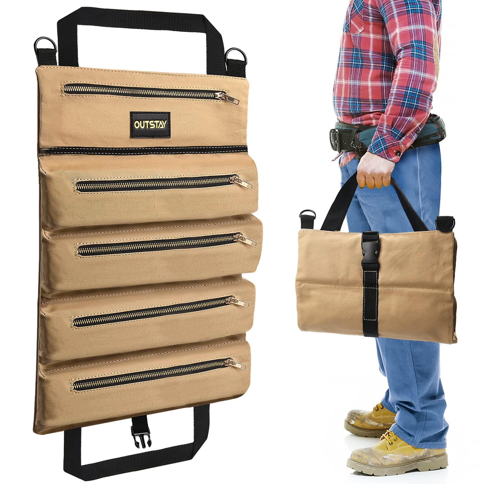 Yuede Super Tool Roll Pouch Bags Organizer with 4 Zippered Pockets,Multi-Purpose Tool Pouch Roll, Waxed Canvas Tool Organizer Bucket (KQ)