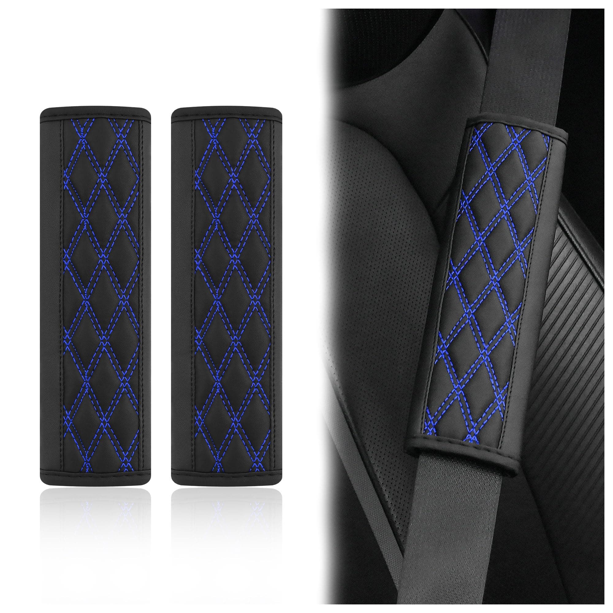 2PCS Car Seat Belt Cover Pads,Leather Seatbelt Covers Protect Shoulder and Neck Car Accessories Interior,Universal Car Seat Strap Pads Car Decorations for Most Cars Trucks (Black/Blue)