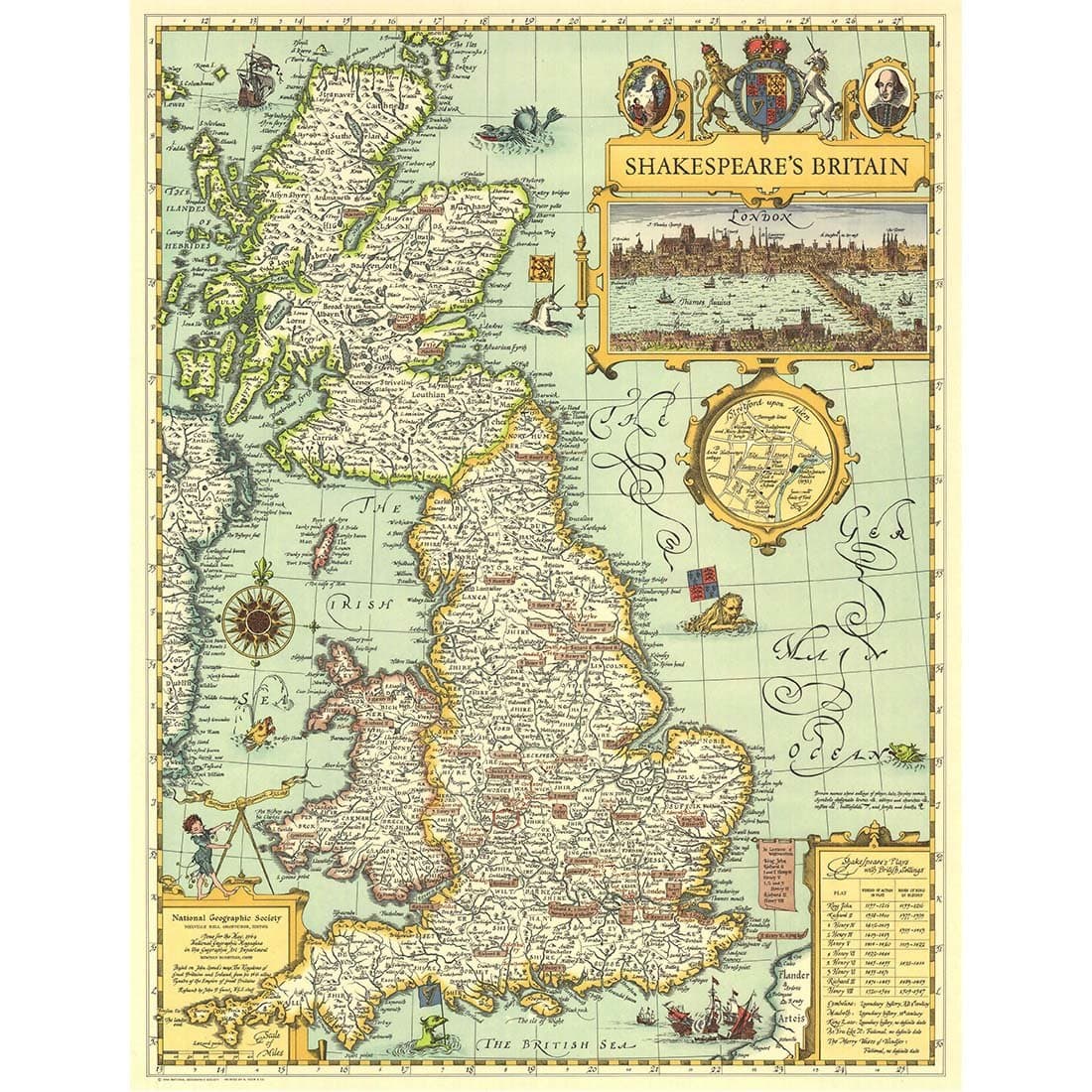 Meishe ArtPoster Print Retro Vintage UK Great Britain Shakespeare's Map Office Home Wall Decor (22.05'' x 29.13'')
