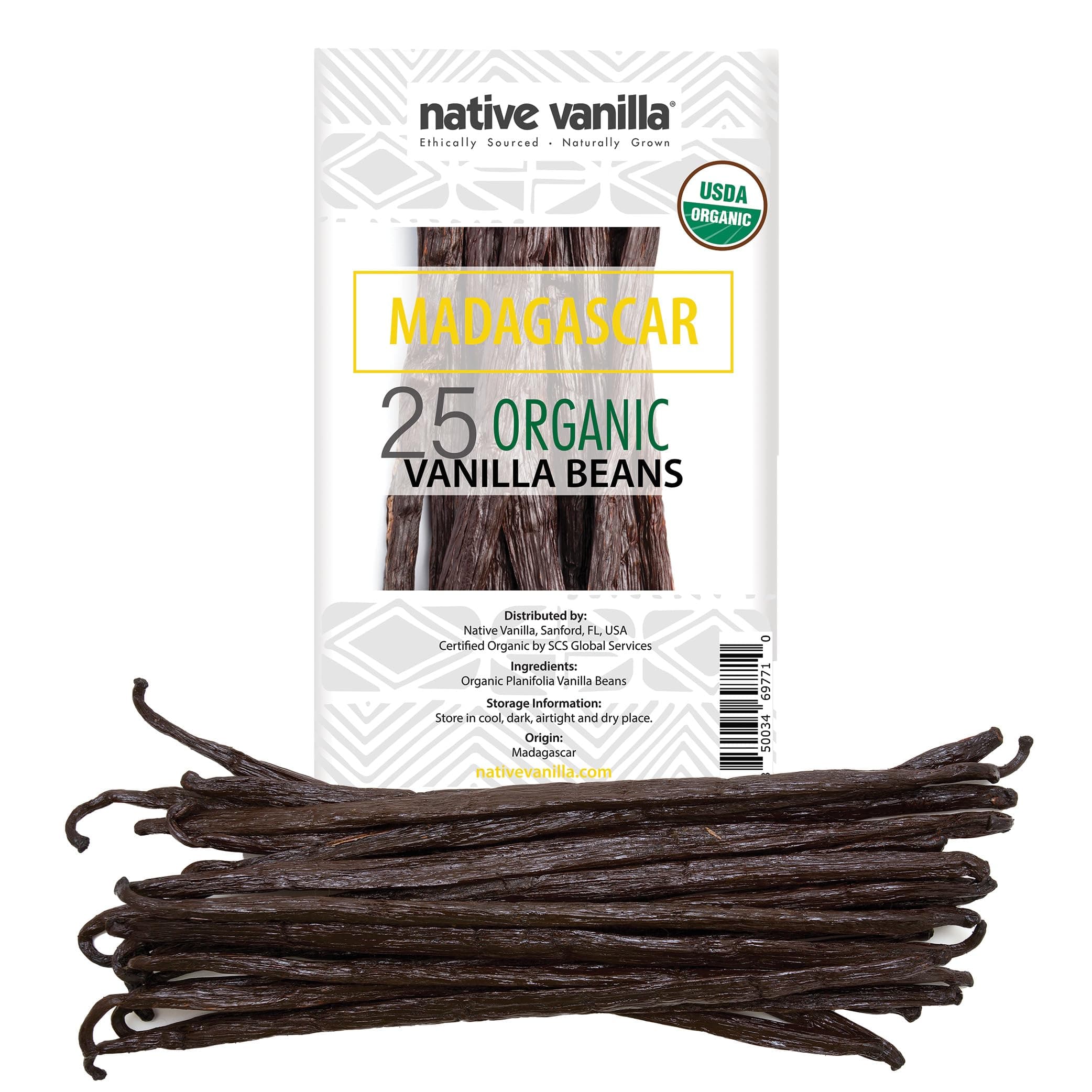 Native Vanilla 25 Organic Madagascar Beans - Gourmet Grade A Premium Pods - For Extract & Baking - For Cooking, Desserts & More - 100% Vegan & Kosher - Non-GMO & Gluten-Free -