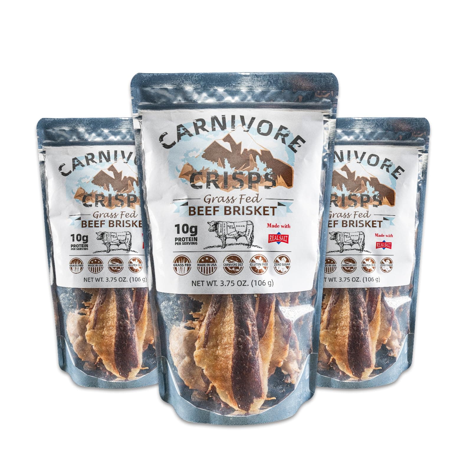 Grass-Fed and Finished Beef Brisket, Beef Crisps, ZERO SUGAR,High Protein, Keto & Carnivore Diet Approved, Gluten-Free, No Hormones, 3.75 oz (Pack of 3)