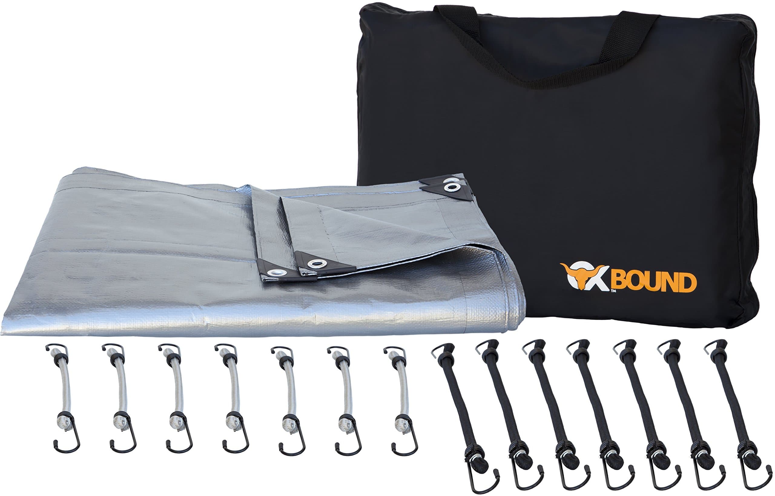 Tarp Heavy Duty 8x10 ft with Reinforced Corners & Grommets: Includes 14 Free Premium Bungee Cords & Storage Bag | The Silver Grey OxTarp by Oxbound