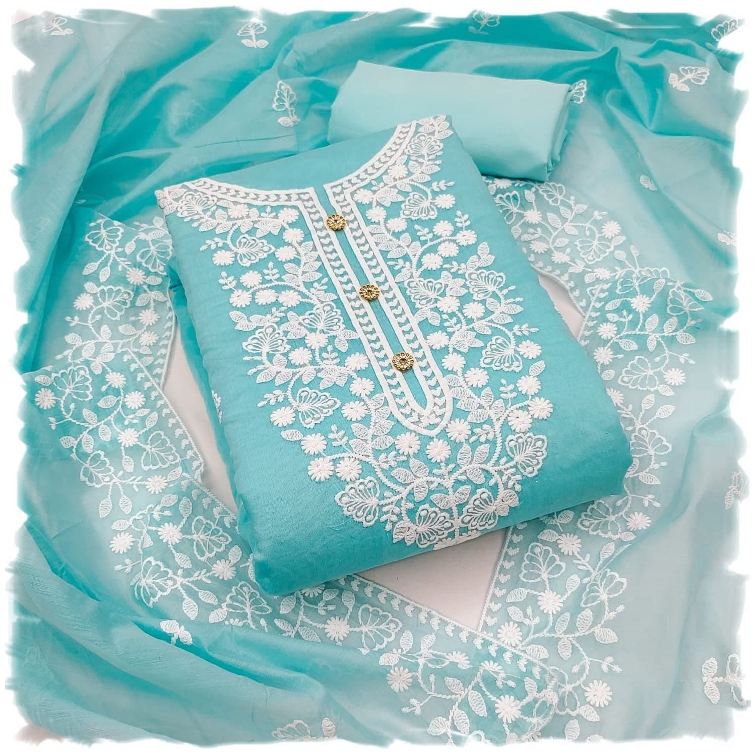 Women's Heavy Cotton Embroidery Work Unstitched Salwar Suit Dress Material With Chanderi Work Dupatta (Free Size)