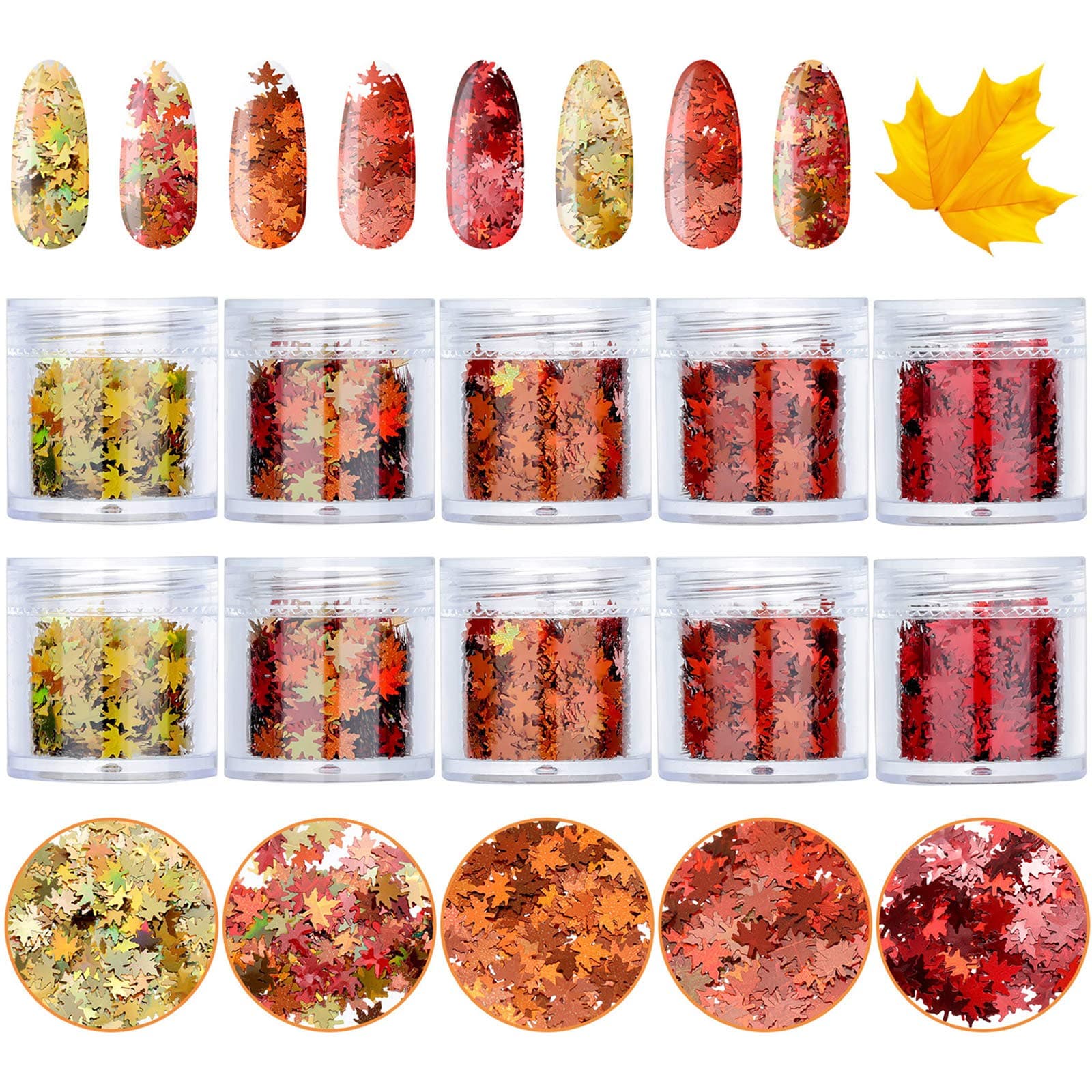 Maitys10 Boxes Maple Leaf Nail Sequins Leaf Nail Art Glitter Sequins Fall Holographic Nail Art Sequins Thanksgiving Nail Decals Accessories for Women Girls DIY Nail Art Decoration, 5 Colors