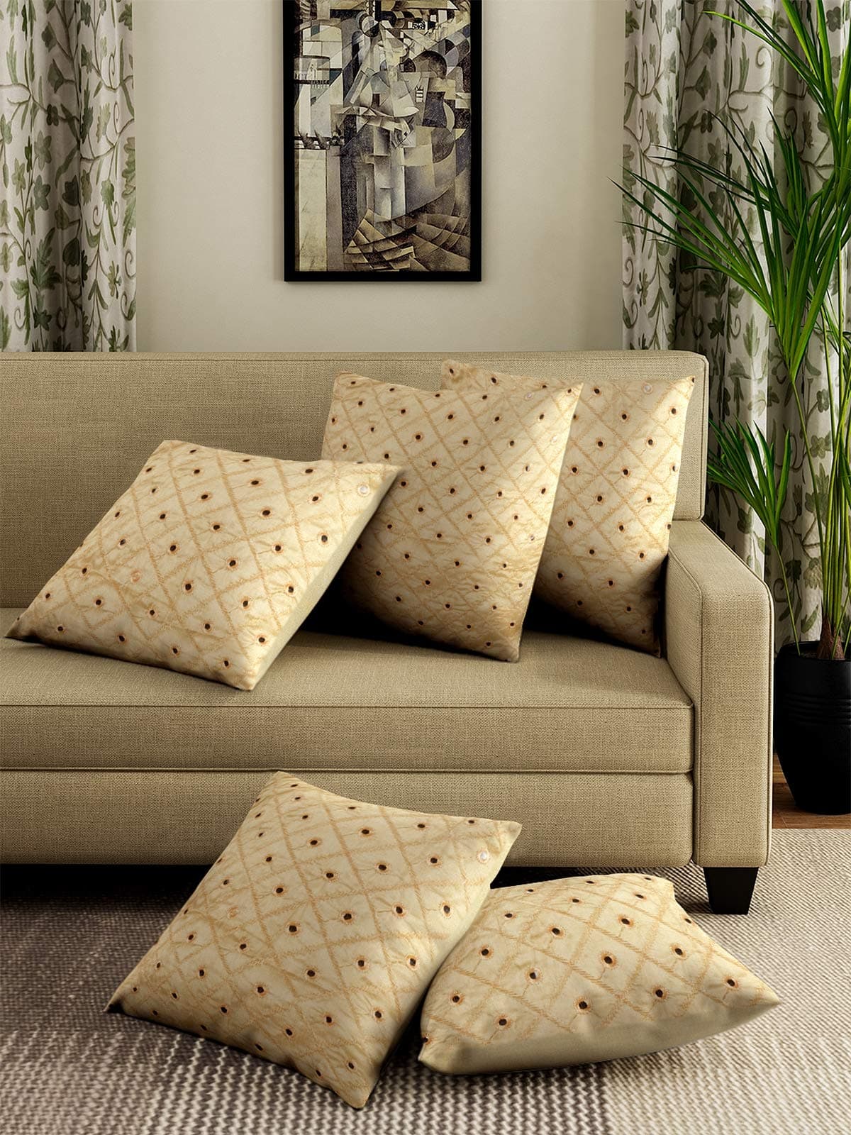 Dream Weaverz Soft Silk Dupioni Square Shape Cushion Cover Set 5 Embroided with Mirror Lace Work for Sofa/Diwan – 16 X 16, Cream