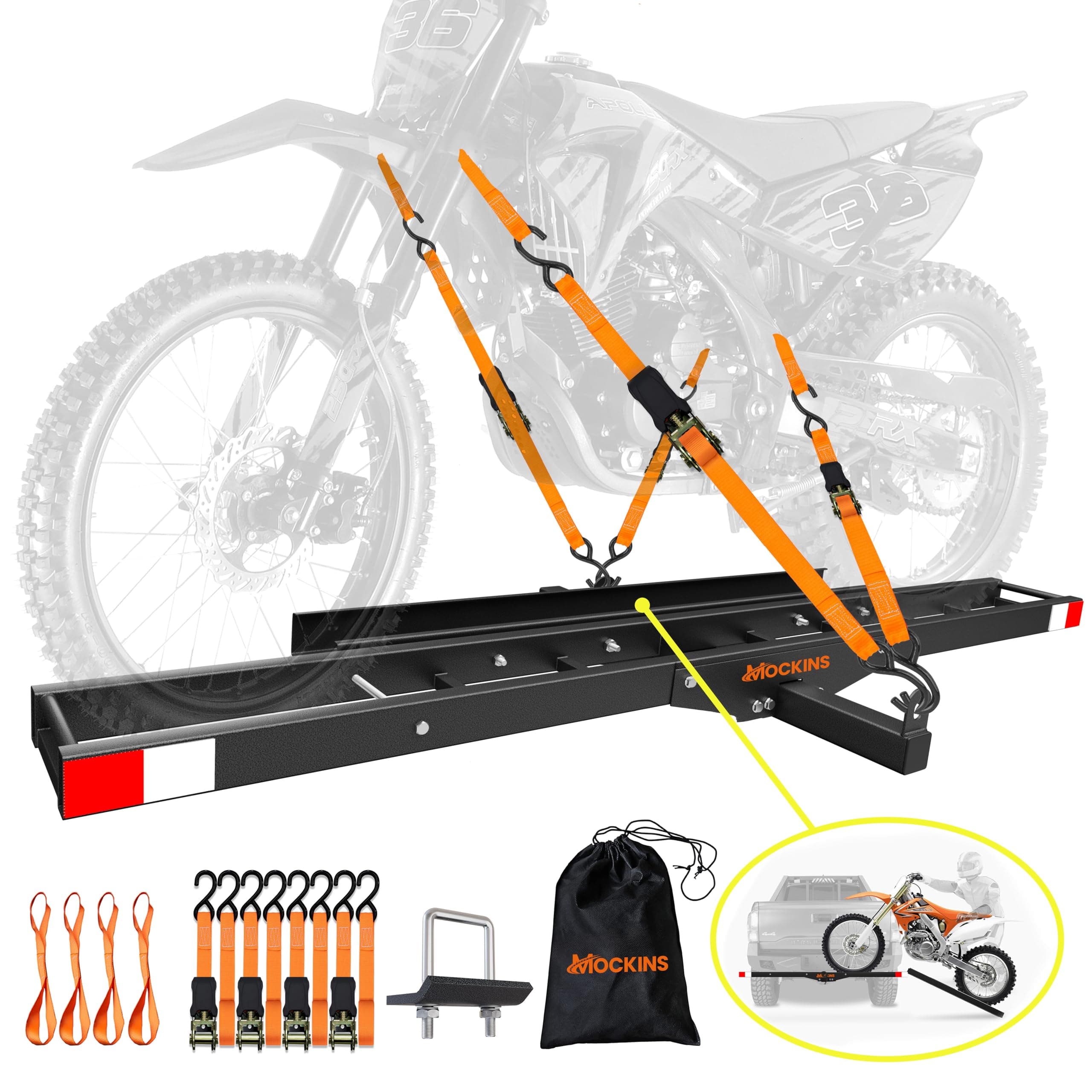 Mockins 500 Lbs. Capacity Anti-Tilt Hitch Carrier with Ramp | 73" Dirt Bike Carrier | Steel Hitch Bike Rack with Straps & Stabilizer