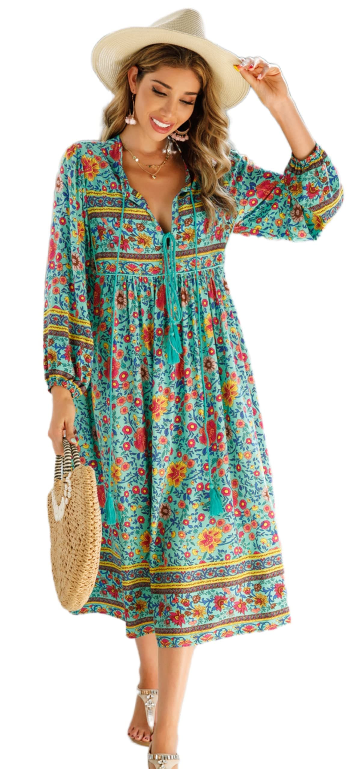 R.Vivimos Women's Long Sleeve Floral Print Retro V Neck Tassel Bohemian Midi Dresses