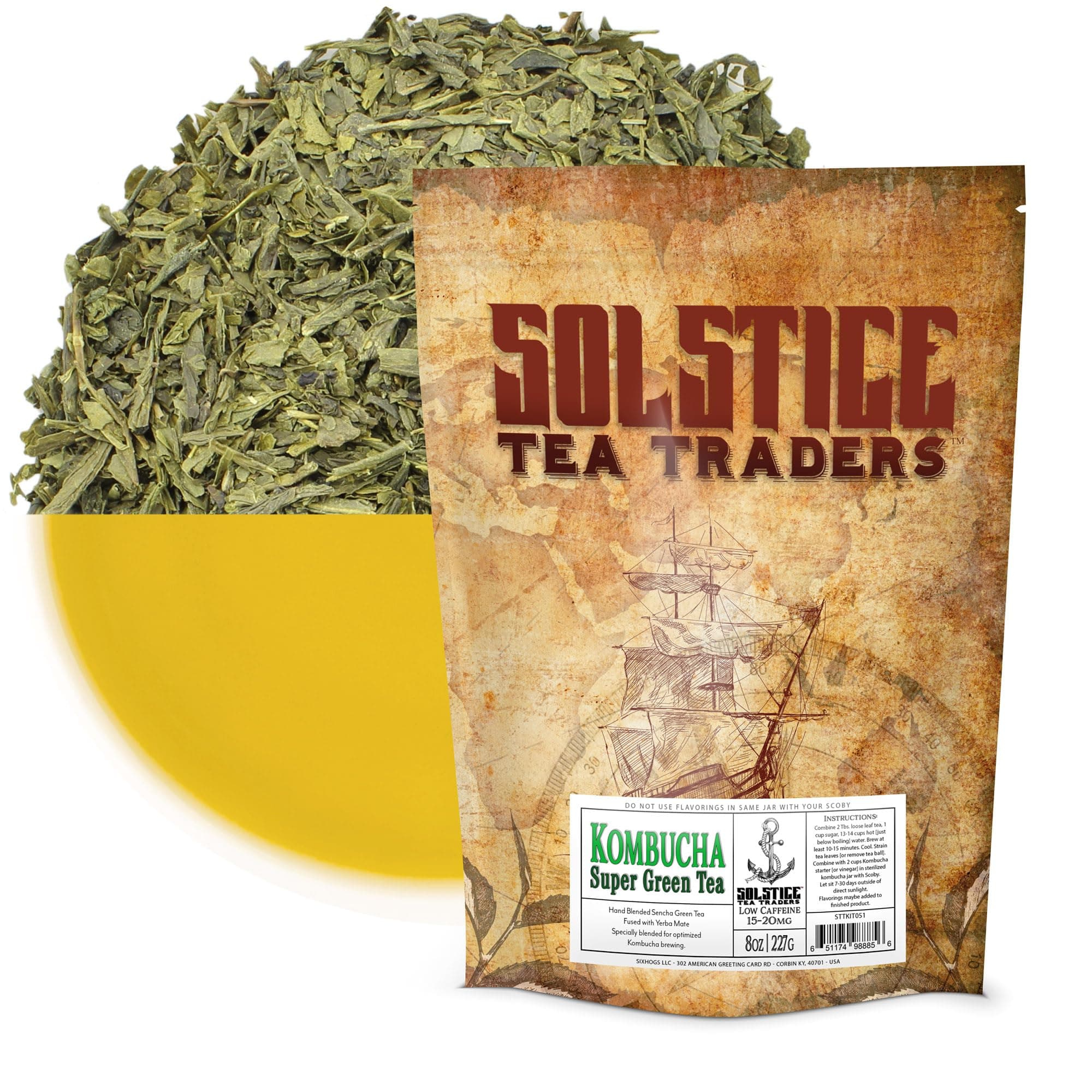 Solstice Kombucha Loose Leaf Tea Blend Green Tea "Super Green" (8 ounces); Handmade Custom Blend Feat. Sencha & Yerba Mate; Creates 15+ Gallons