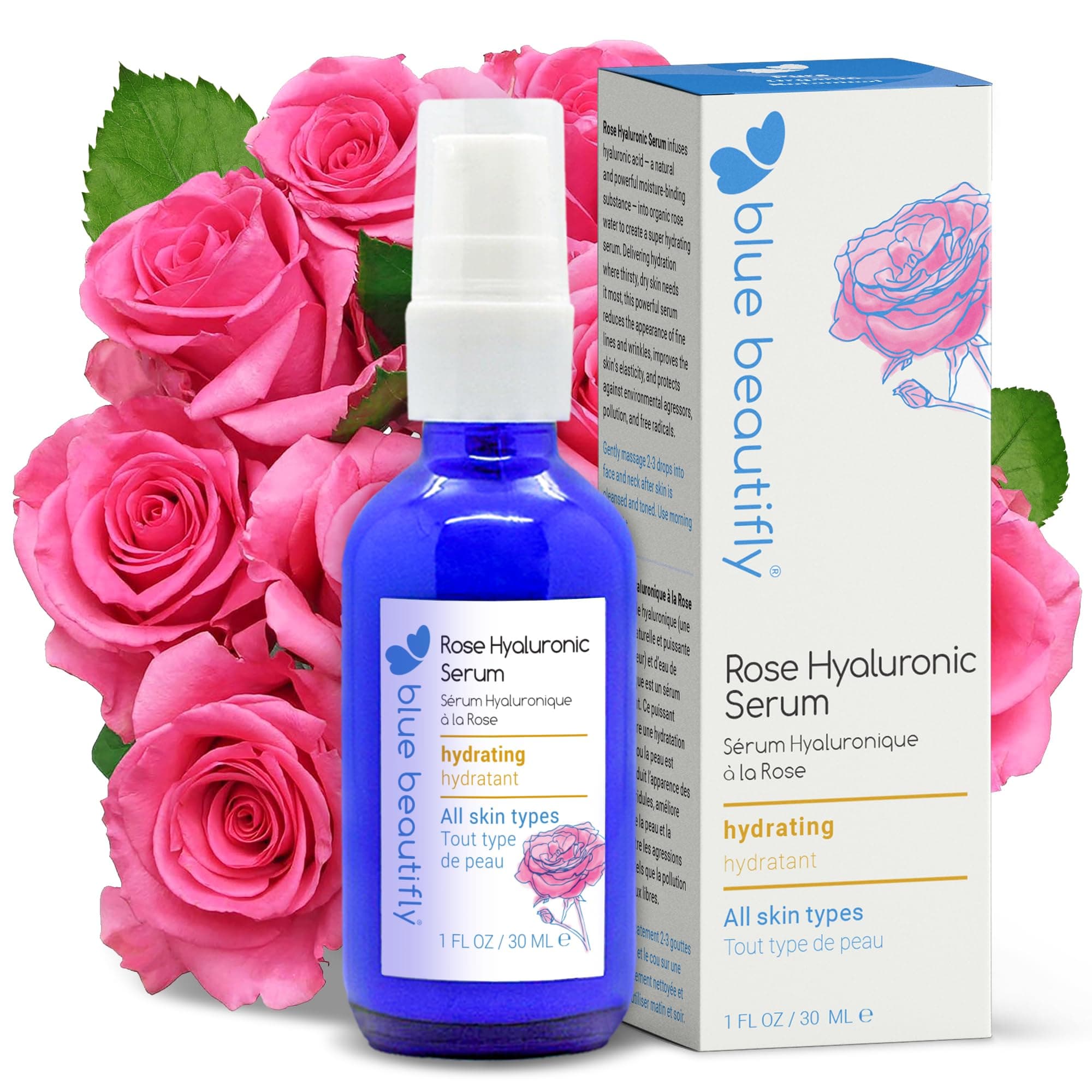 Blue Beautifly Pure Rose Hyaluronic Acid Serum for Face - True Anti-Aging Elixir with 2% HA-Hi & Lo Molecular Weight - Microneedling Serum to Restore Elasticity & Promote Collagen Production - 1 fl oz