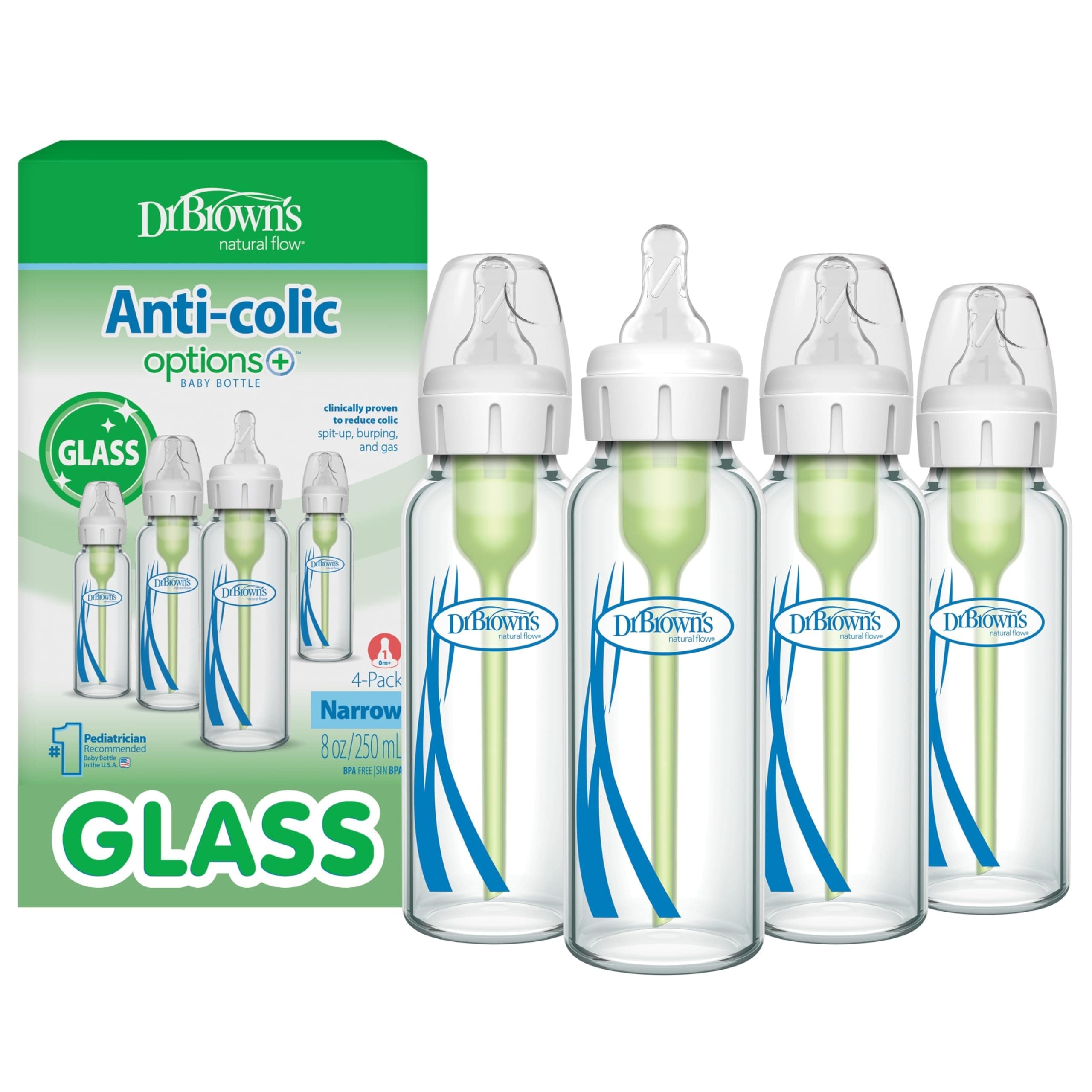 Natural Flow Anti-Colic Options+ Narrow Glass Baby Bottle 8 oz/250 mL, with Level 1 Slow Flow, 4 Pack, 0m+