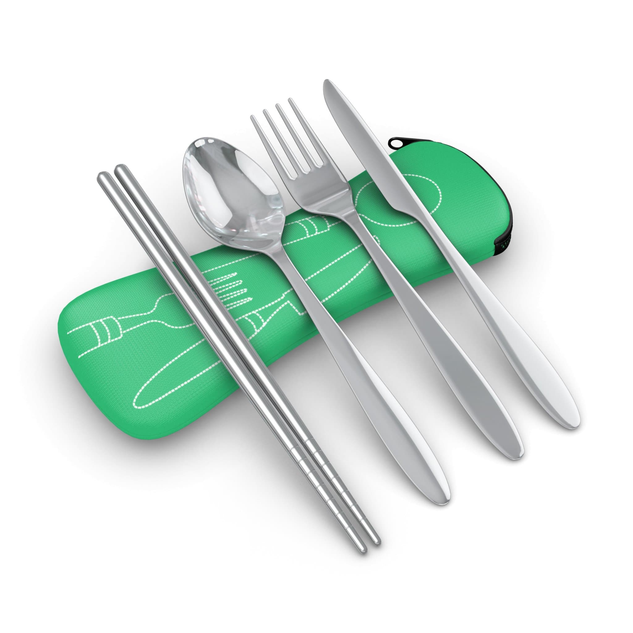 Roaming Cooking 4 Piece Stainless Steel (Knife, Fork, Spoon, Chopsticks) Lightweight, Travel/Camping Cutlery Set with Neoprene Case