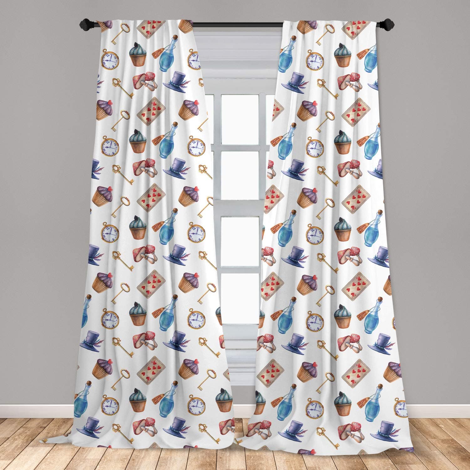 Lunarable Alice in Wonderland Curtains, Cupcakes Mushrooms and Bottles Hanging in Sky Dessert Print, Window Treatments 2 Panel Set for Living Room Bedroom, Pair of - 28" x 84", Red Blue