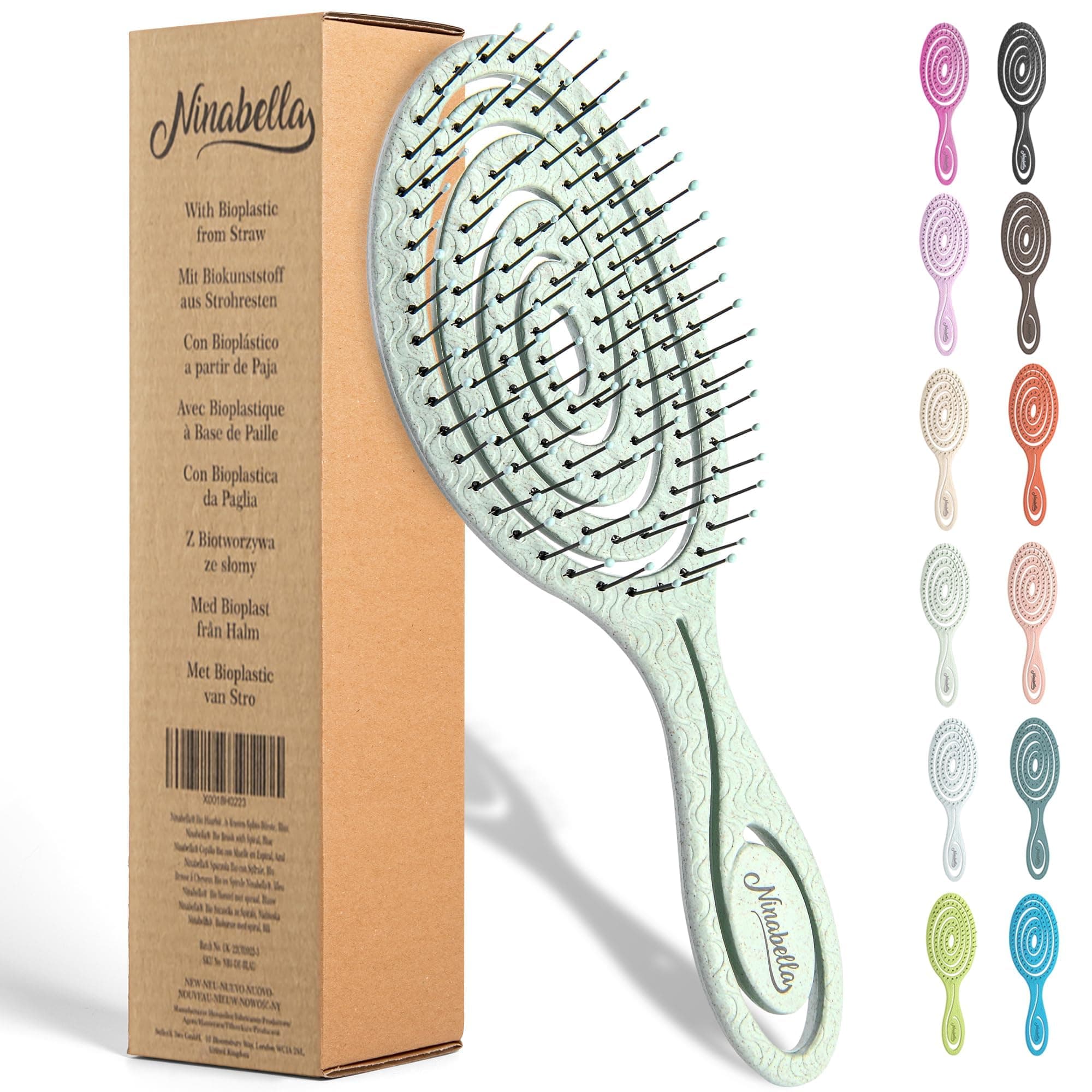 Ninabella Detangling Hair Brush for Women, Men and Children - No Pull - Strengthening Brushing Brushes for Wet, Curly & Smooth Hair - Unique Spiral Brush - Green