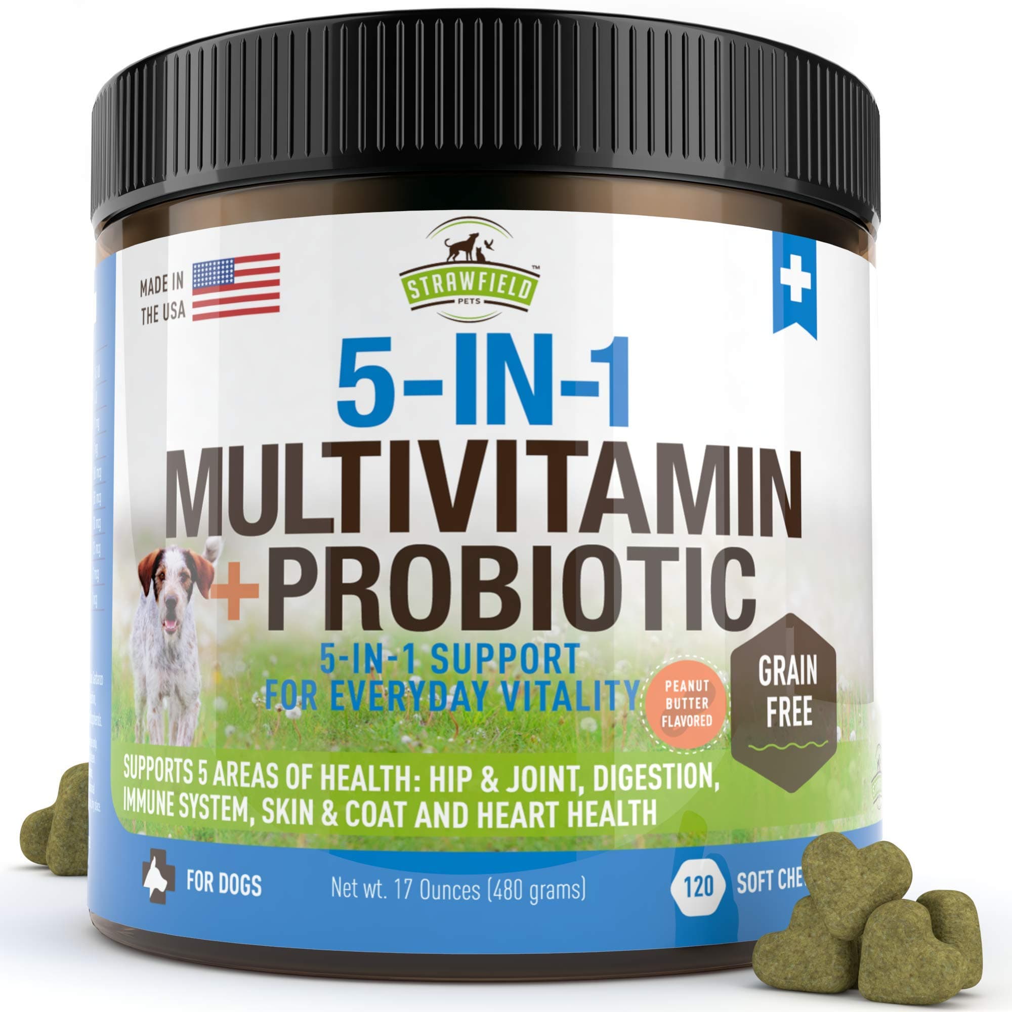 Strawfield Pets Dog Multivitamin + Dog Probiotics Soft Chews | Glucosamine Chondroitin, Probiotics, Omega 3 | Dog Supplements & Vitamins | Dog Health Supplies | 120 Grain Free Chews, USA