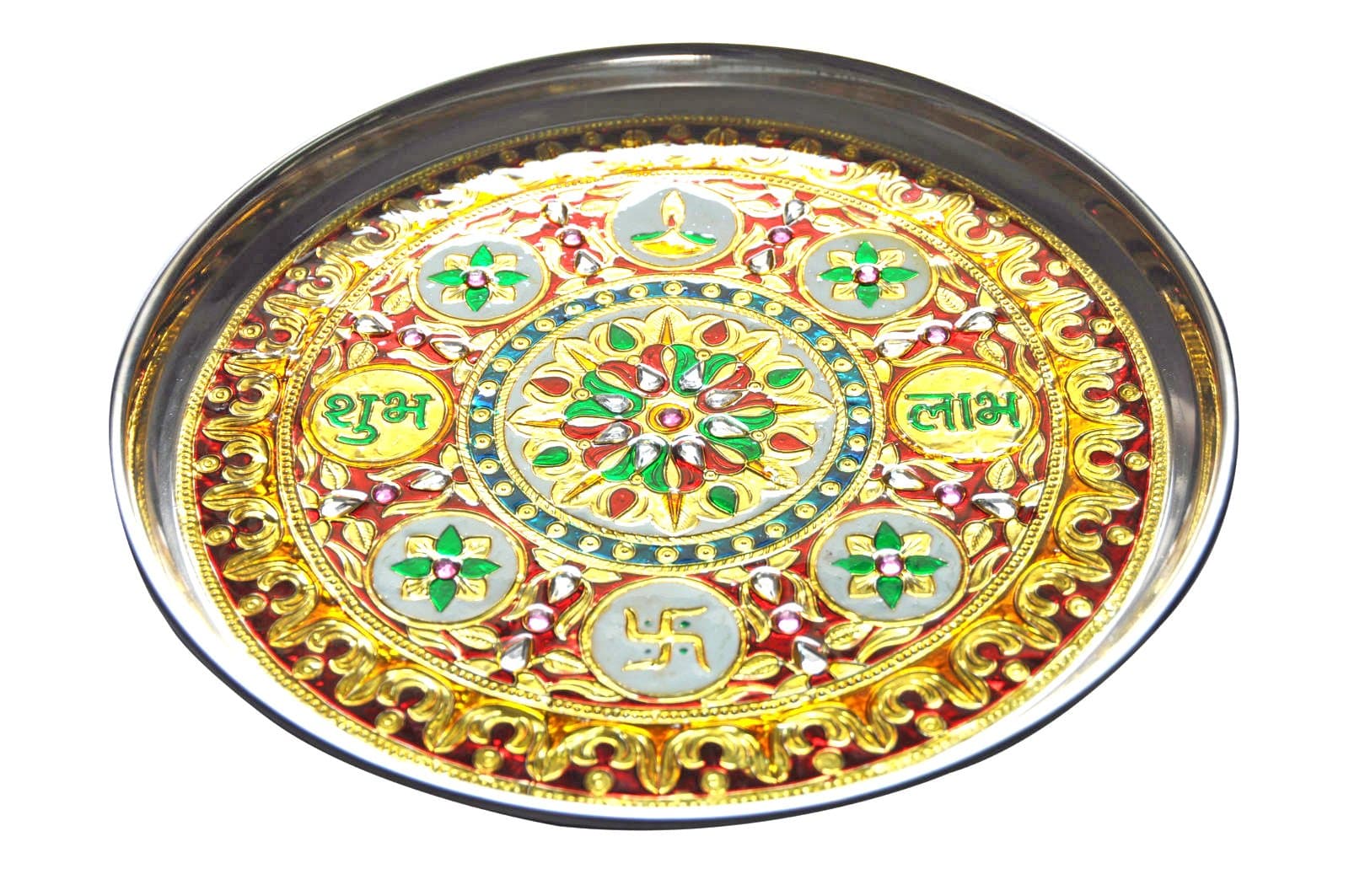 Artistic Diwali Pooja Thali with Decorative Stone Studded Meenakari Work - Large; Artistically Packed & Ideal for Gifting