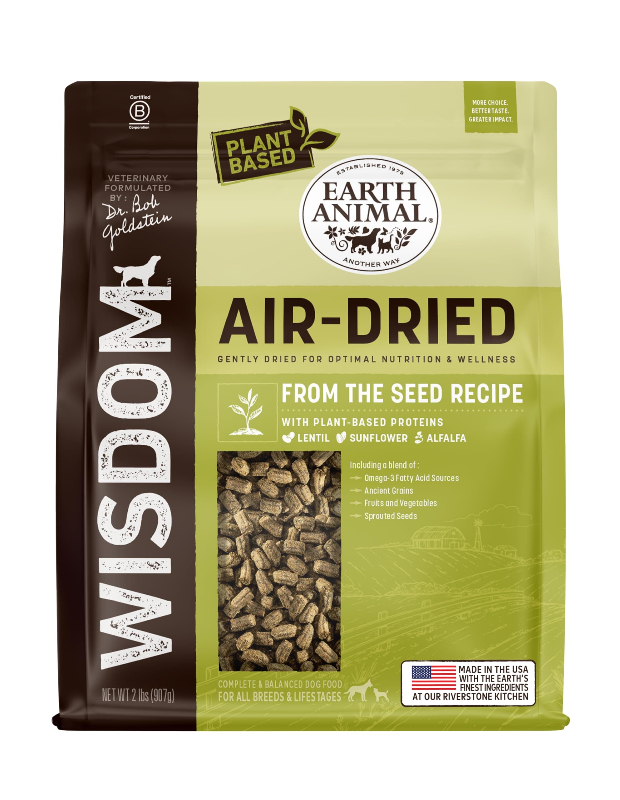 Earth Animal Wisdom Air Dried Dog Food - From the Seed Recipe Premium Natural Dry Dog Food for All Breeds & Ages - 2 Lbs Bag