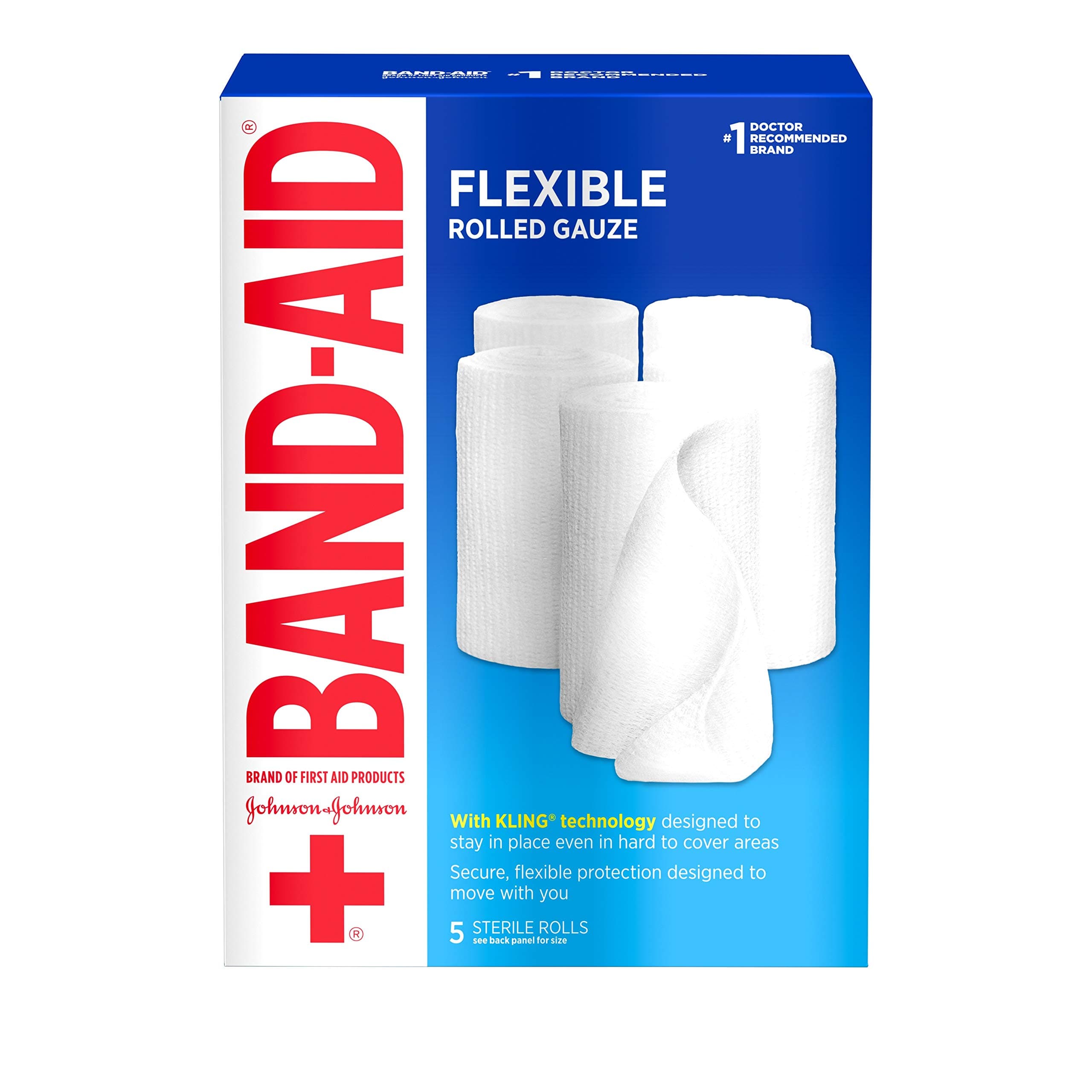 Band-Aid Brand of First Aid Products Flexible Rolled Gauze Dressing for Minor Wound Care, Soft Padding and Instant Absorption, Sterile Kling Rolls, 4 Inches by 2.1 Yards, Value Pack, 5 ct