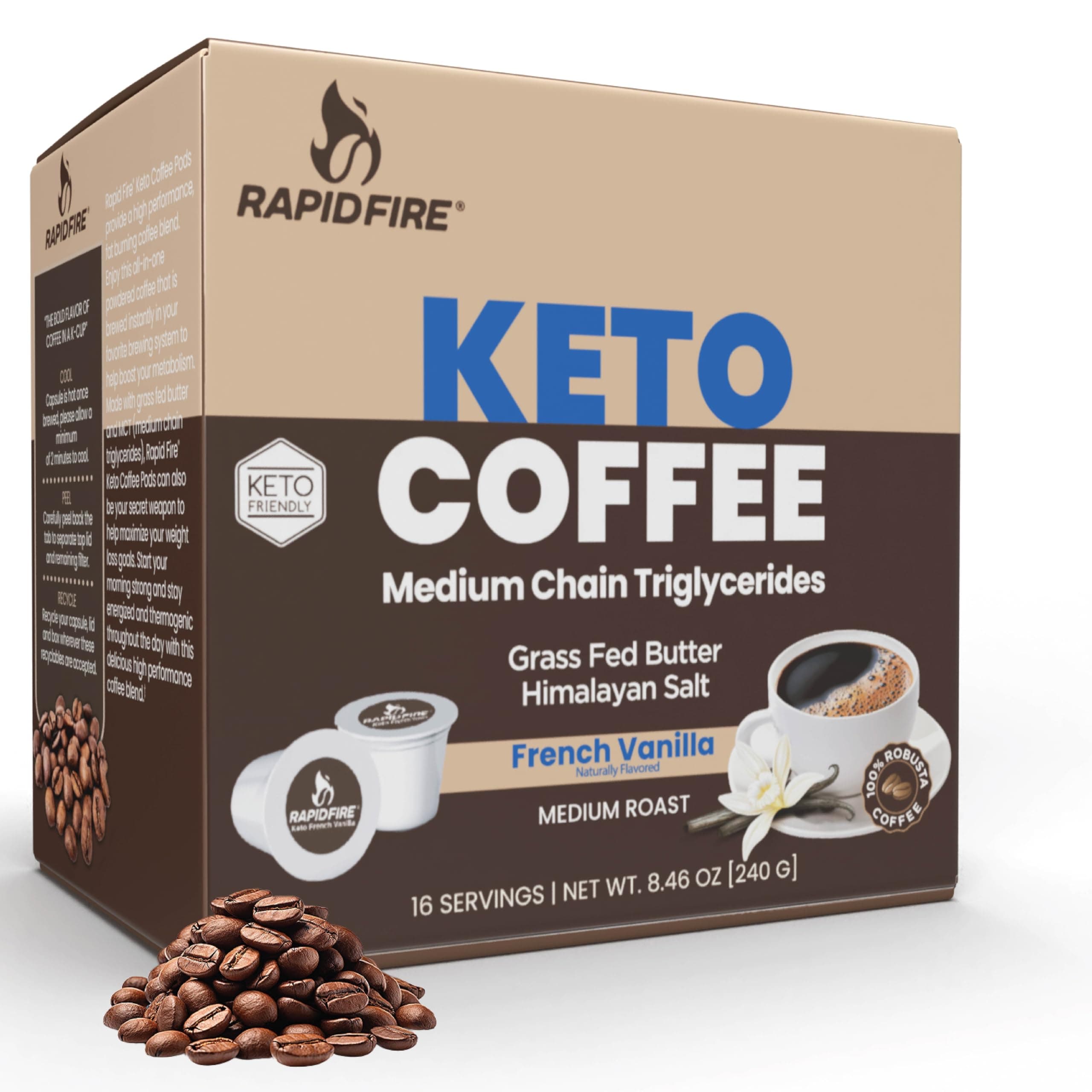 Rapid Fire French Vanilla Ketogenic High Performance Keto Coffee Pods, Supports Energy & Metabolism, Weight Loss, Ketogenic Diet 16 Single Serve K Cup Pods