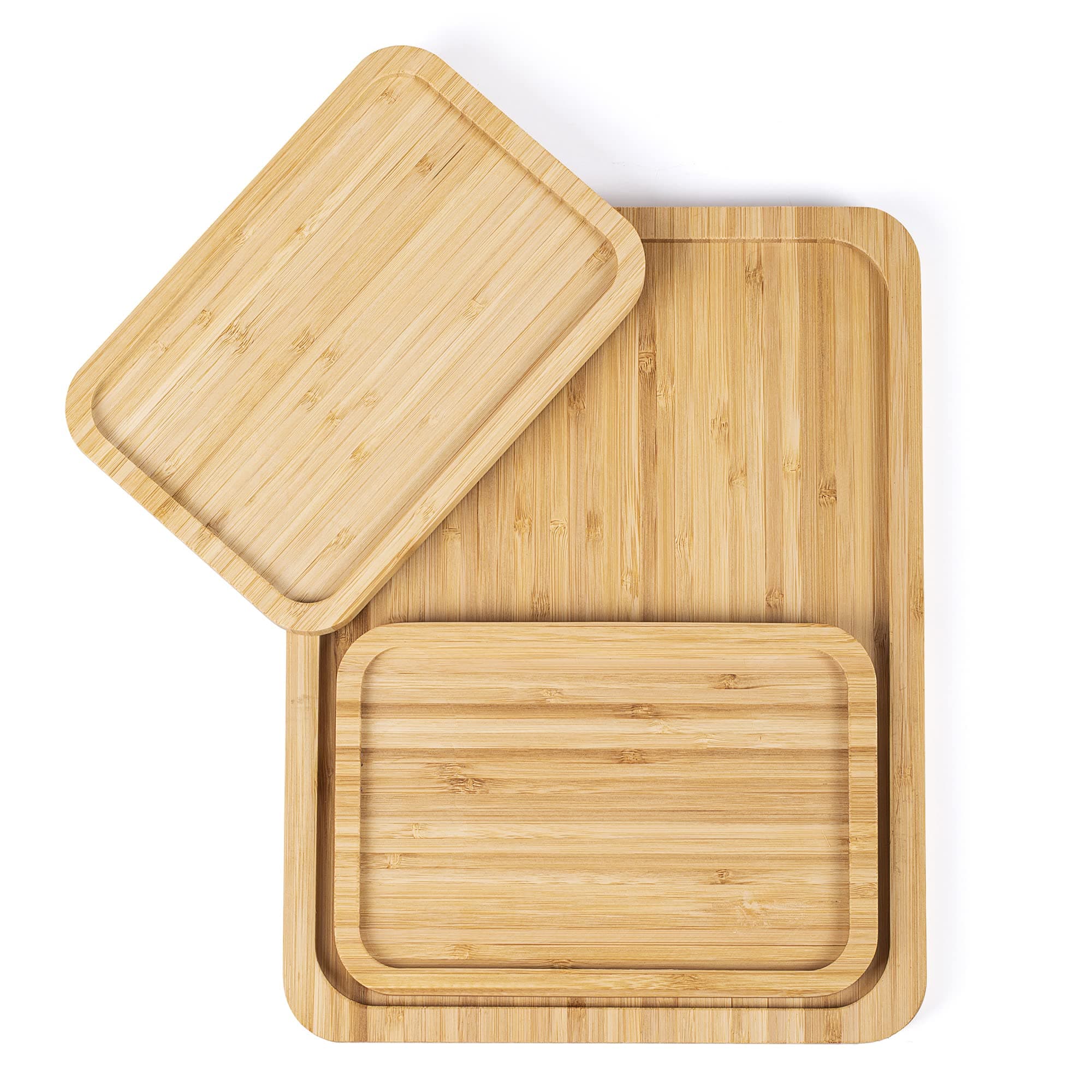 Vencier Natural Bamboo Tray Set of 3,Easy Store,Heat Resistant Bamboo Nesting Trays Food and Drinks,Nested Wood Serving Trays Eco-Friendly,Bamboo Utility Trays,1 Large and 2 Small,One Size (ST-130)