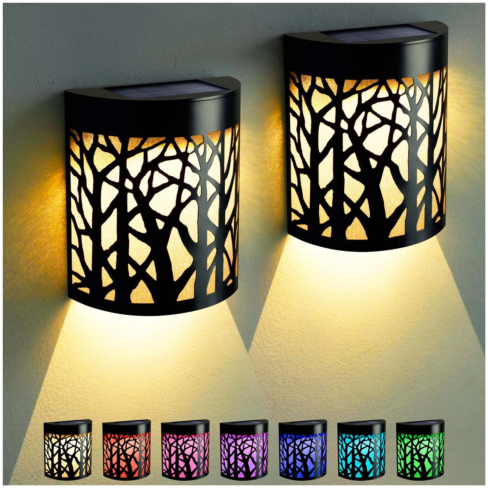 DenicMic Solar Wall Lights Outdoor Wall Sconce Fence Lighting for Patio Front Door Yard Deck Stair Led Forest Decorative Lamps, Waterproof, Warm White/Color Changing (2 Pack)