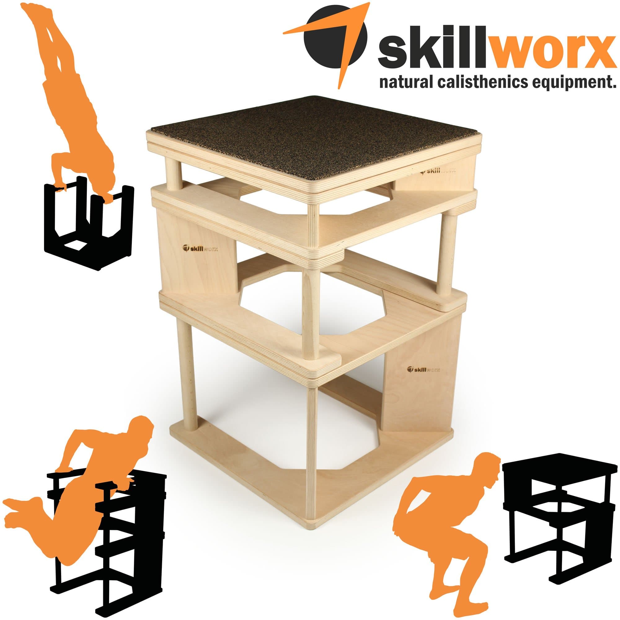 skillworx Plyollettes Set - Raw Edition: 3-in-1 wooden Plyo Boxes up to 90cm, High Parallettes and Dip Station, made in Austria