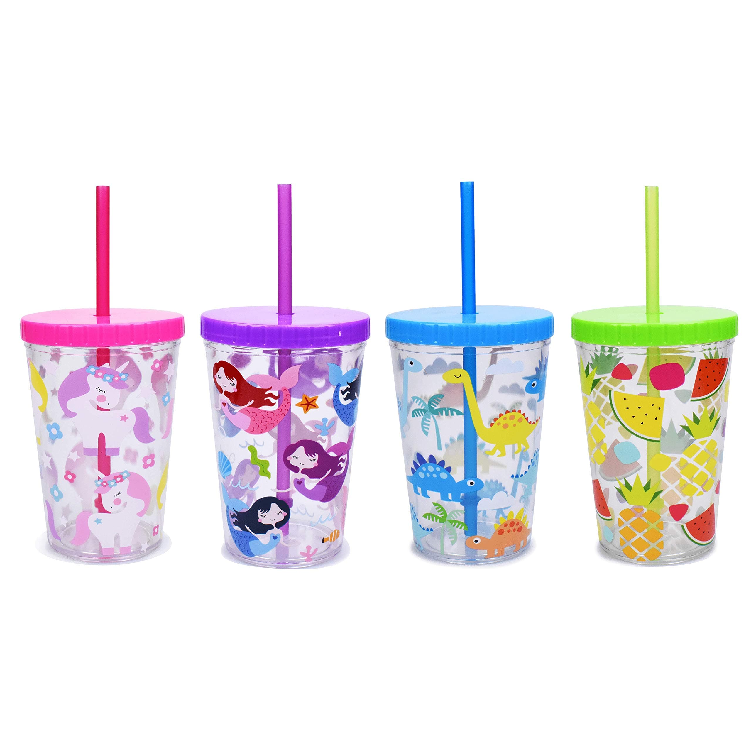 Home Tune 16oz Kids Tumbler Water Drinking Cup 4 Pack - BPA Free, Straw Lid Cup, Reusable, Lightweight, Spill-Proof Water Bottle with Cute Design for Girls & Boys