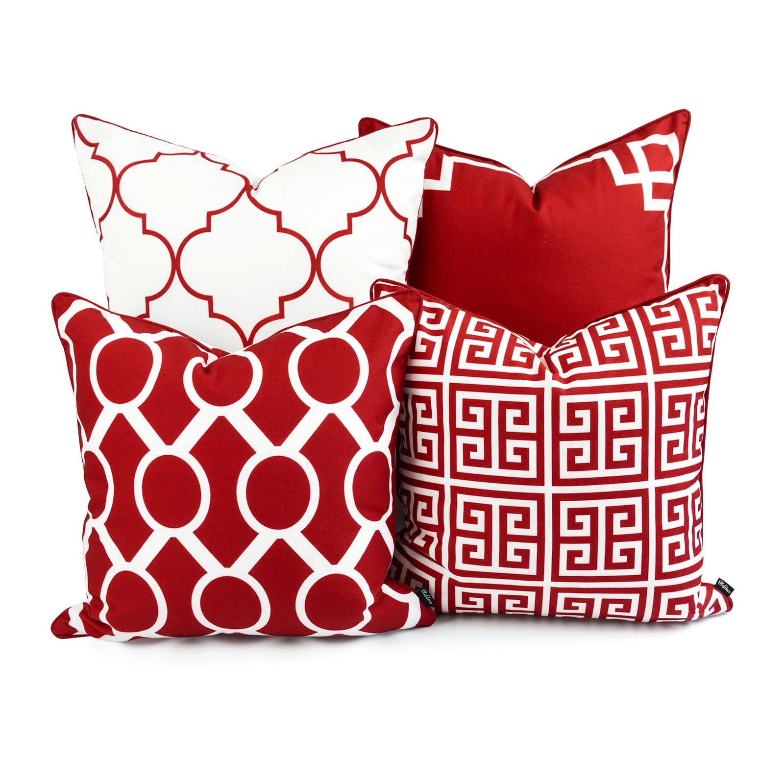 Hofdeco Valentine Indoor Outdoor Pillow Cover ONLY, Water Resistant for Patio Lounge Sofa, Red White Greek Key Moroccan Chain, 18"x18" 20"x20", Set of 4