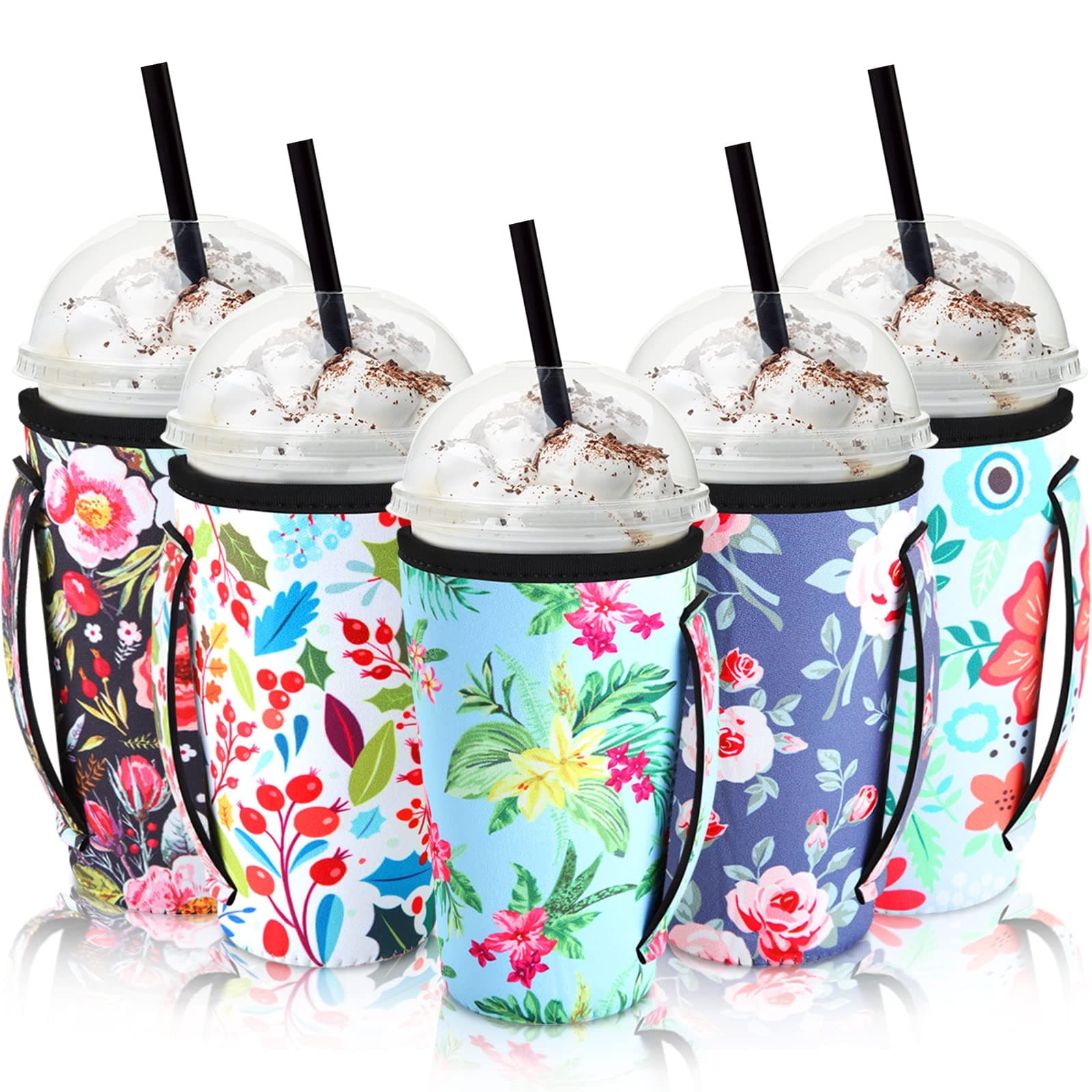 Chengu 5 Pack Iced Coffee Sleeve Flower Patterned Insulator Sleeves Reusable Sleeves for Coffee Neoprene Cup Holder for Cold Drinks Beverages Cup Sleeve with Handle, Fit 30-32 oz Cup(Bright Style)
