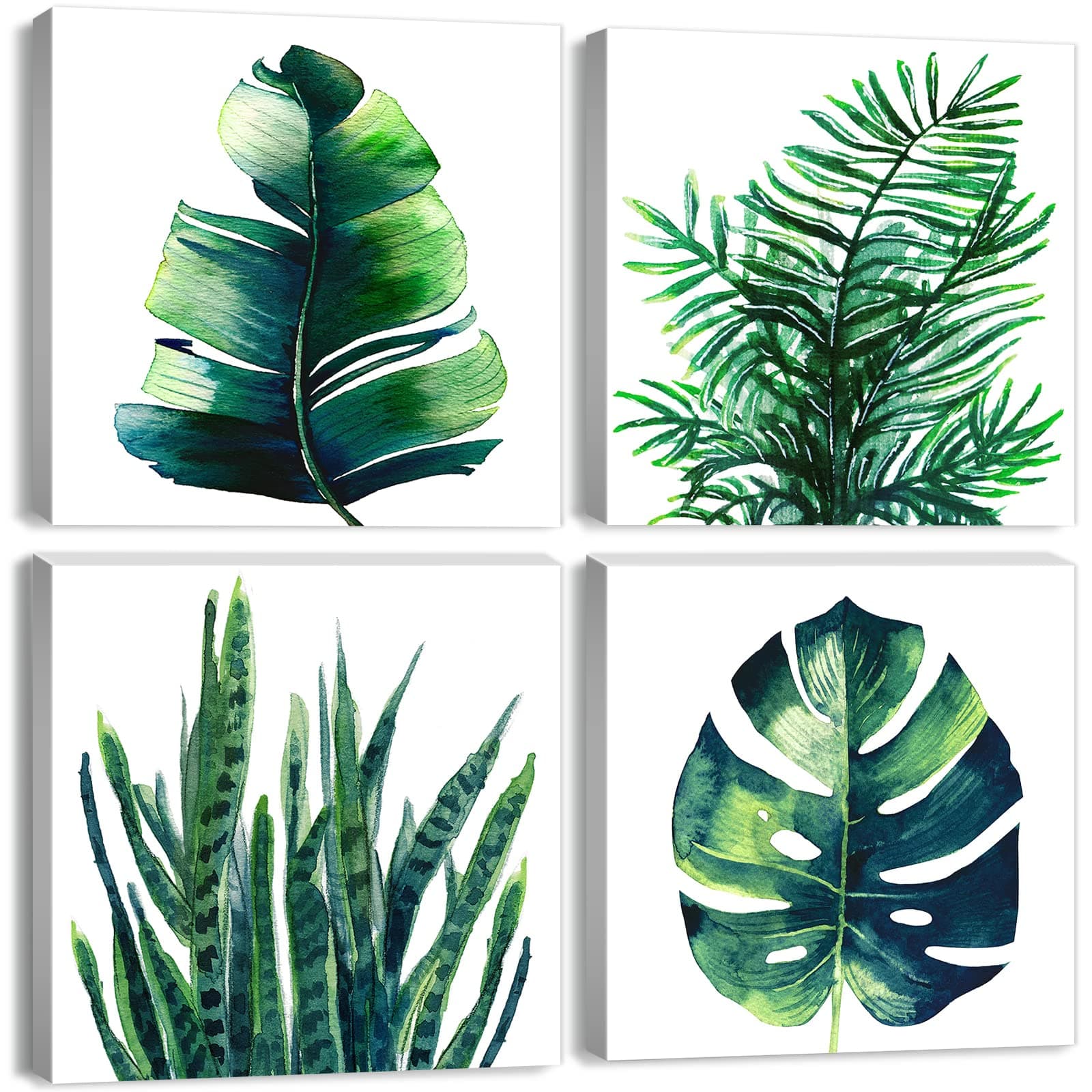 Boho Tropical Wall Art Bathroom Decor Green Plant Pictures Wall Decor for Living Room Minimalist Botanical Leaf Canvas Artworks Kitchen Sage Monstera Framed Poster Bedroom Home Decorations 12x12" 4Pcs