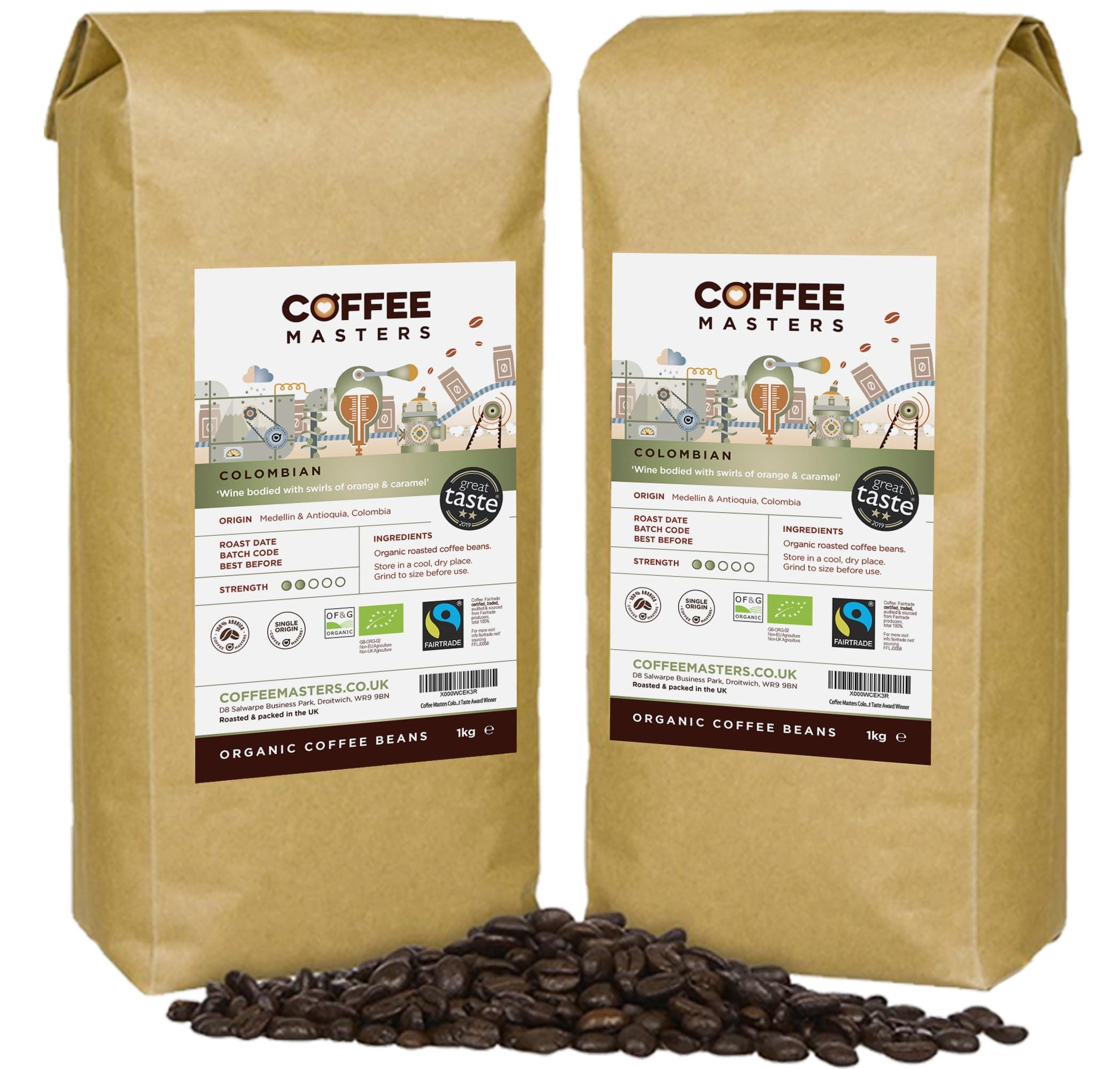Colombian Organic Coffee Beans 2kg (2x1kg) - Fairtrade Single Origin, 100% Arabica - Light Roasted Whole Bean, Ideal for Espresso Machines - Great Taste Award Winner