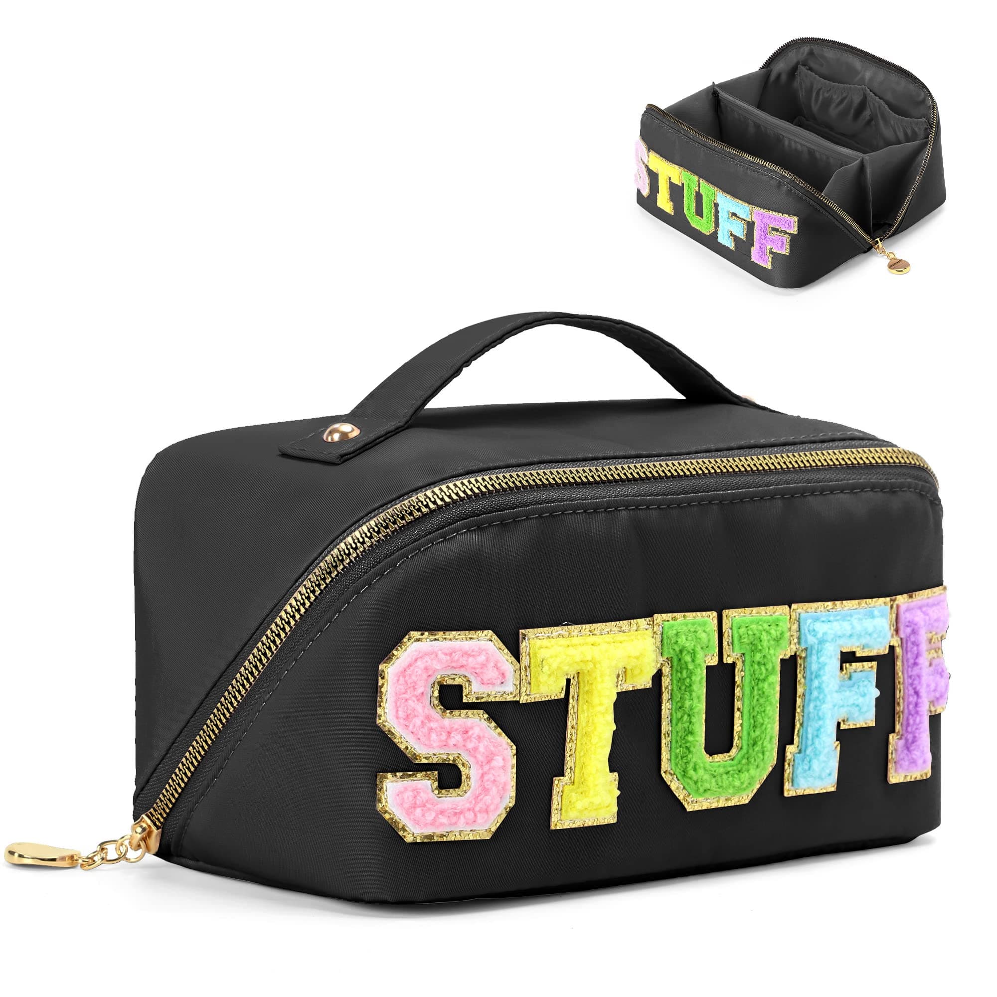 Stoney Clover Preppy Makeup Bag, Large Capacity Travel Cosmetic Bag, Chenille Letter Open Flat Nylon Stuff Makeup Bag, Preppy Patch Better Belt Everything Makeup Bag, Black