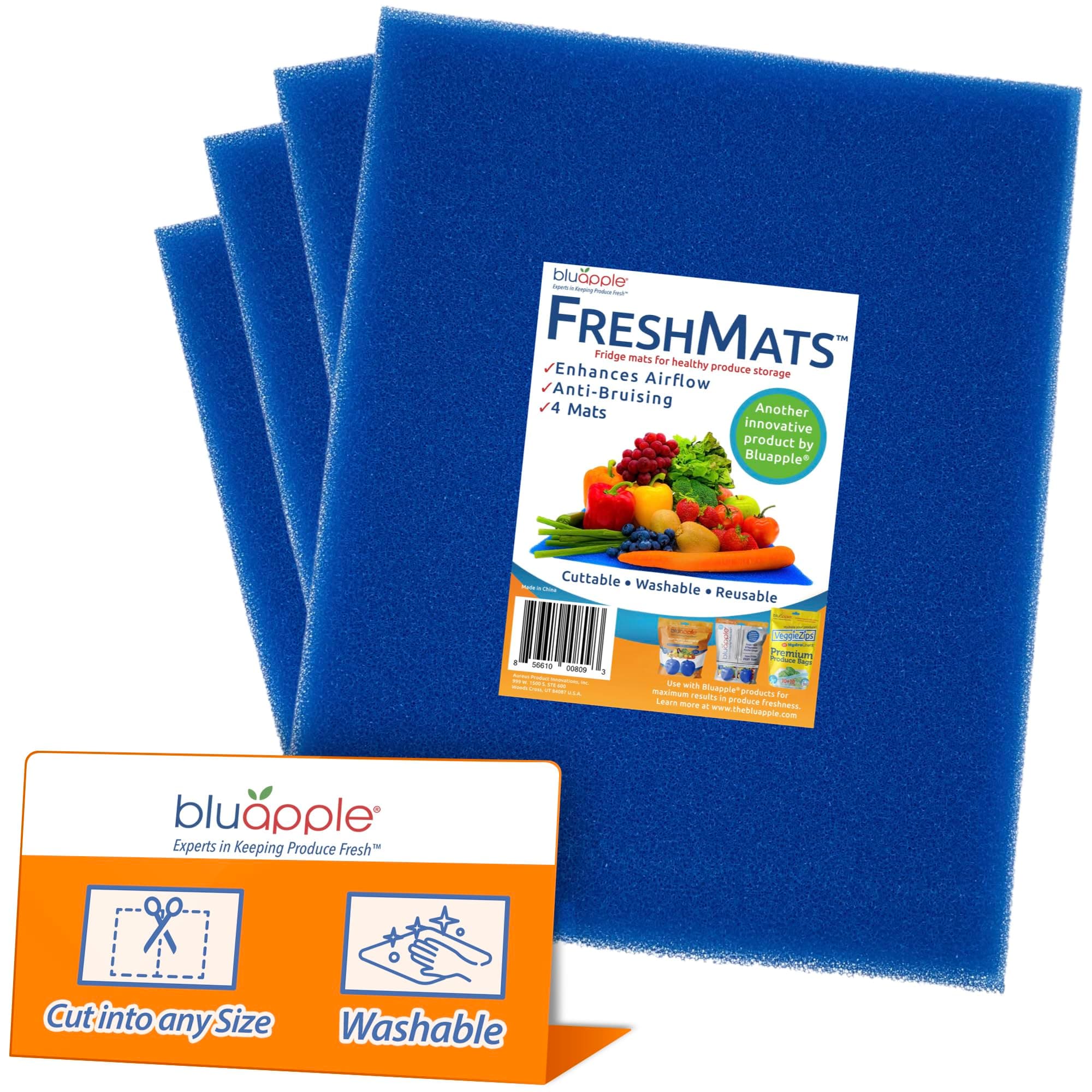 Bluapple FreshMats 4-Pack, 12" x 15" Cuttable, Washable, & Reusable Sponge Refrigerator Fruit & Vegetable Shelf Liner to Keep Produce Fresh Longer, Anti-Bruising, Promotes Air Circulation