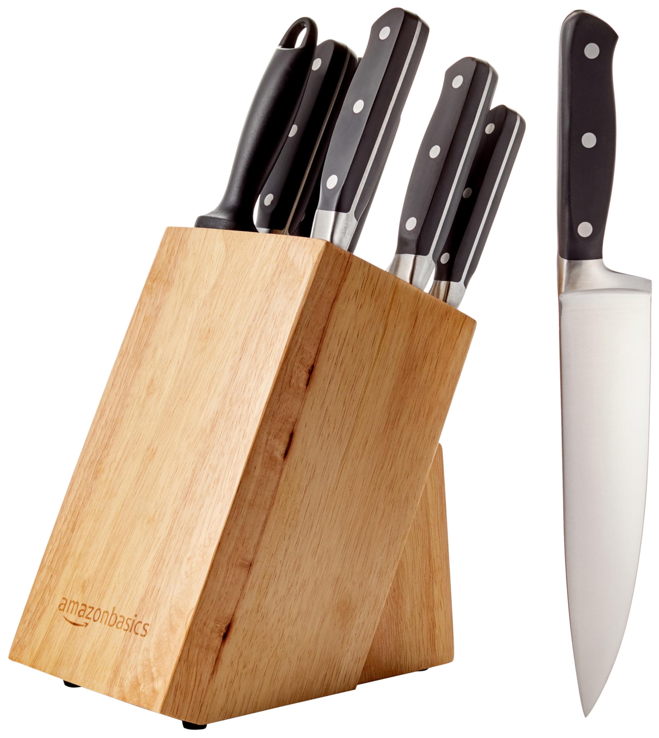 Amazon Basics 9-Piece High-Carbon Stainless Steel Kitchen Knife Set with Ergonomic Handles, Full Tang Construction, Pine Wood Block, Black