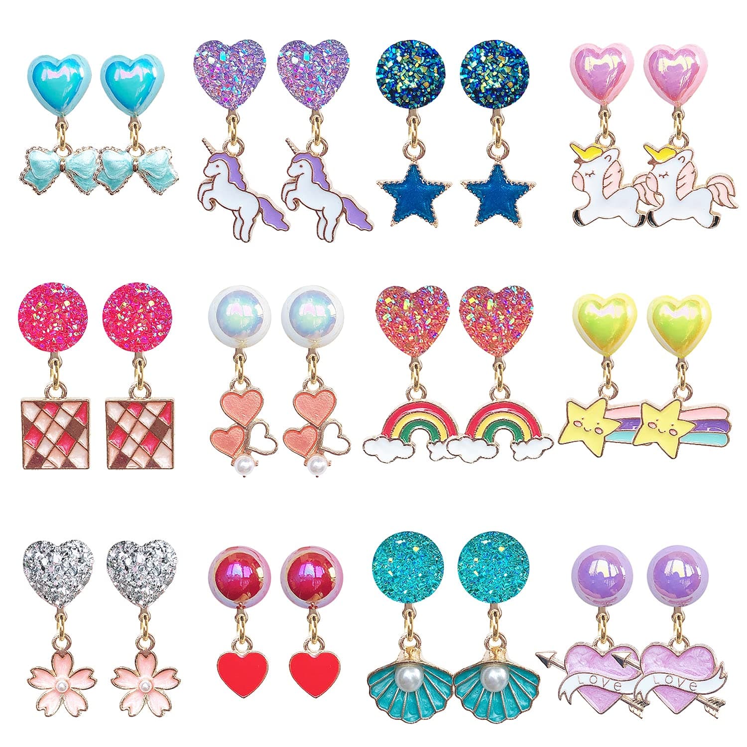 12 Pairs Clip On Earrings Girl Party Favor Princess Clip on Earrings Pretend Play Unicorn Earrings for Little Girl Kids Toddlers Jewelry Set