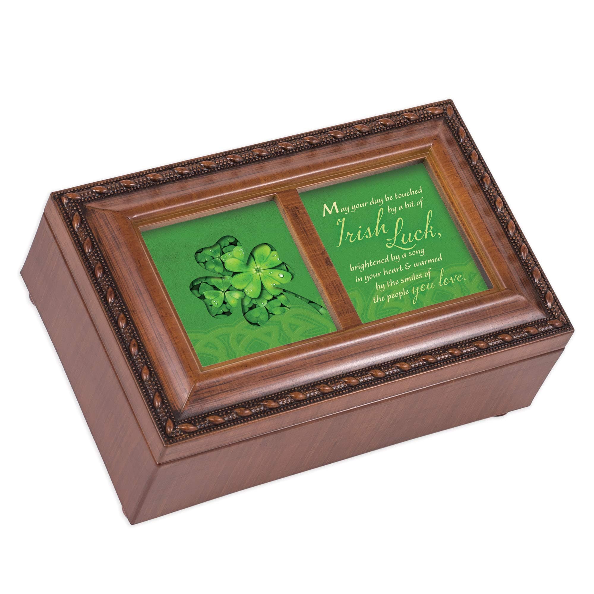 Cottage Garden Irish Luck Woodgrain Rope Trim Petite Music Box Plays Irish Eyes