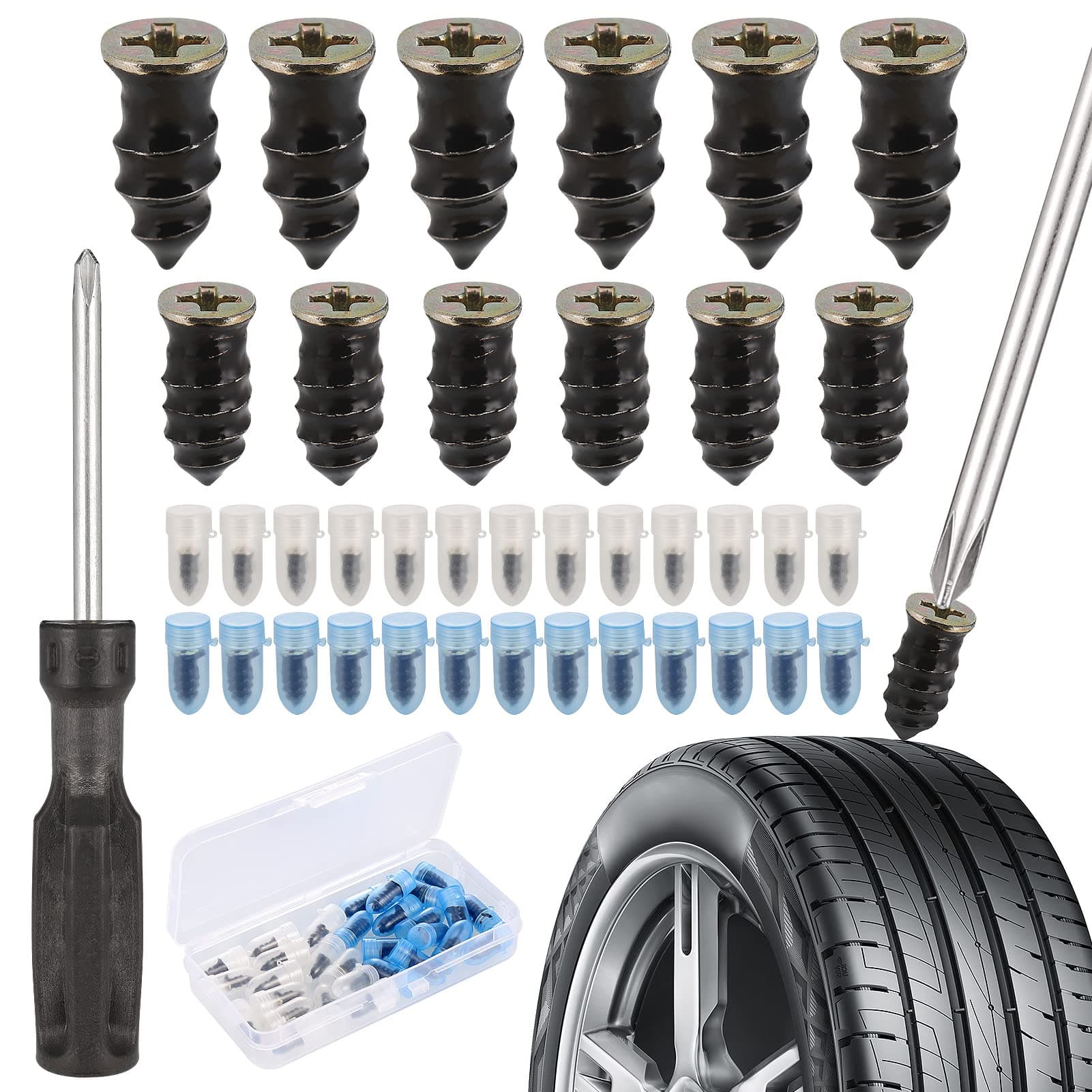 30Pcs Tyre Repair Kit Rubber Nails, Car Puncture Repair Kit with Screwdriver, Universal Tire Repair Fast Repair Nail for Auto Car Motorcycle (15 S+15 L)